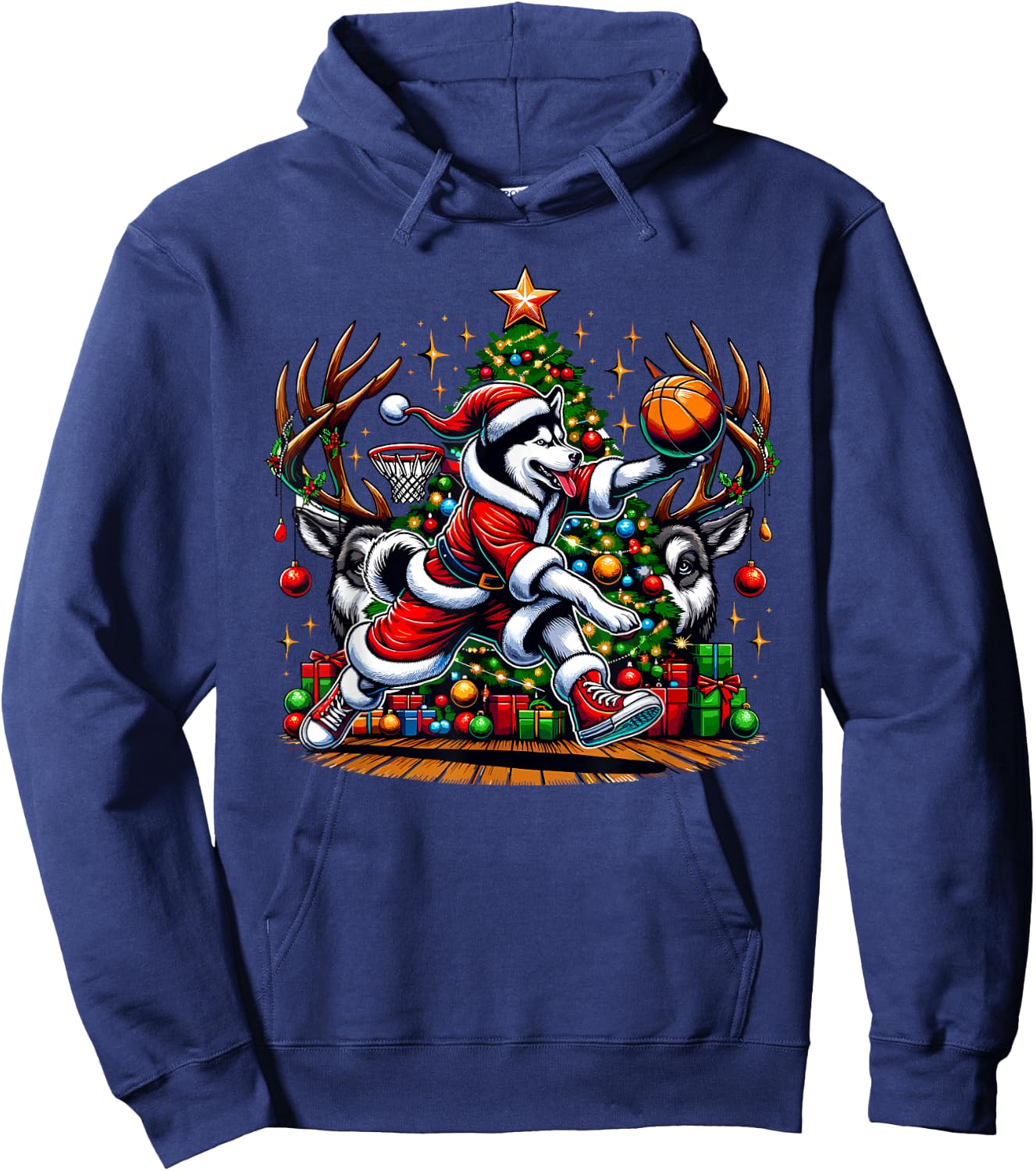 Funny Santa Siberian Husky Dog Play Basketball Christmas Hoodie - Hoodie | Navy