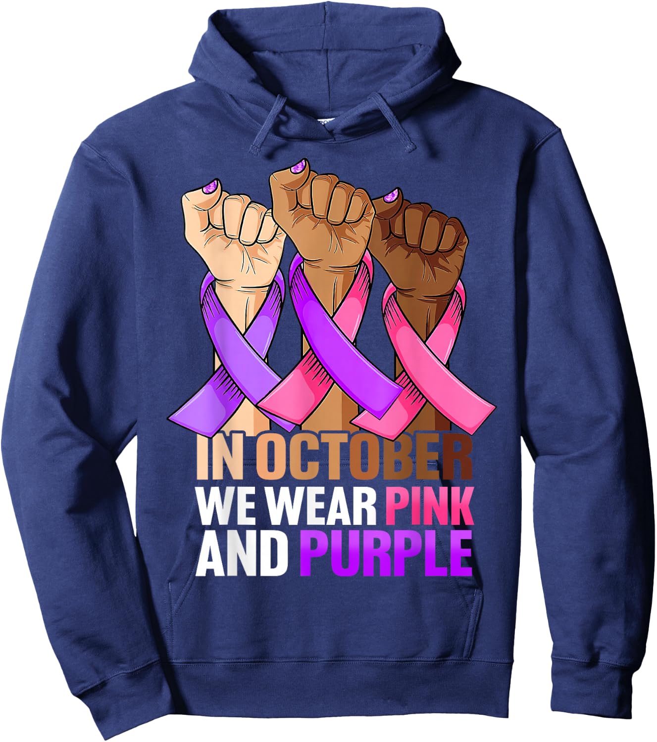 Breast Cancer Domestic Violence Awareness Pink Purple Ribbon Hoodie - Hoodie | Navy