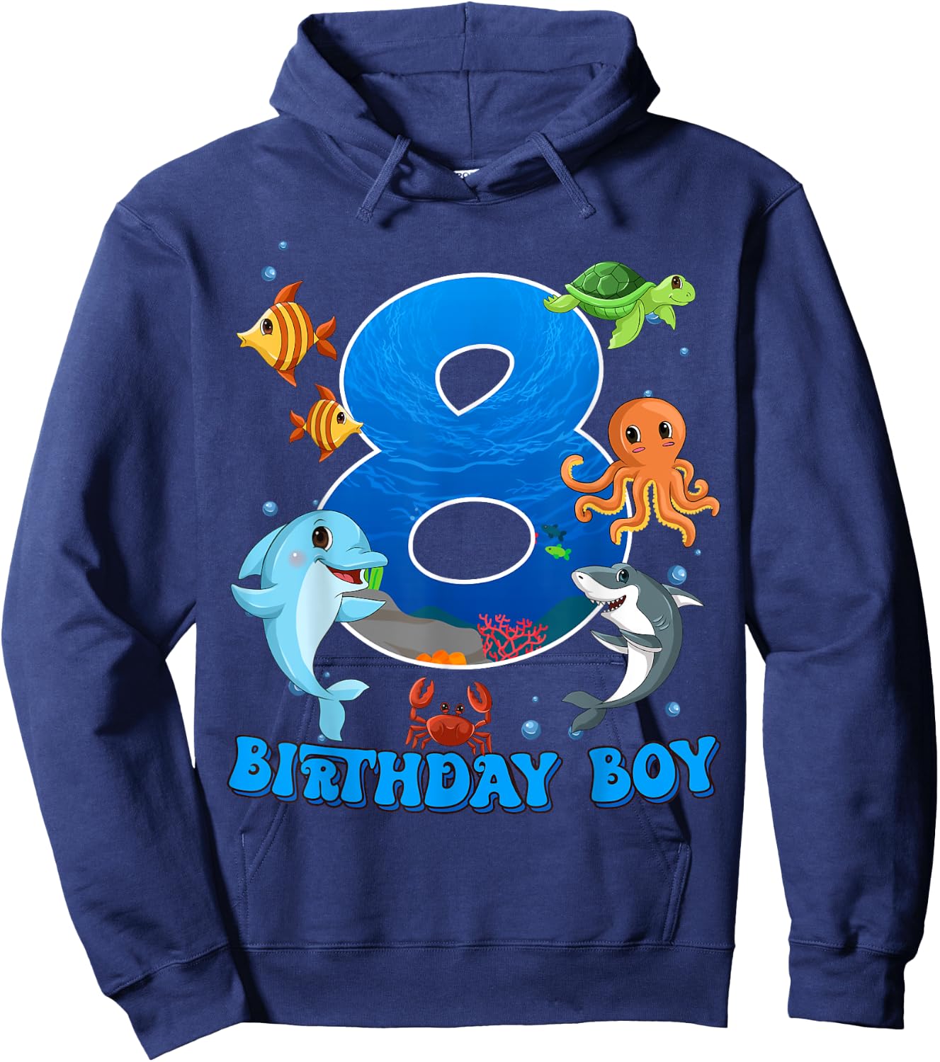 8th Birthday Party Ocean 8 Year Old Sea Fish Birthday Boy Hoodie - Hoodie | Navy