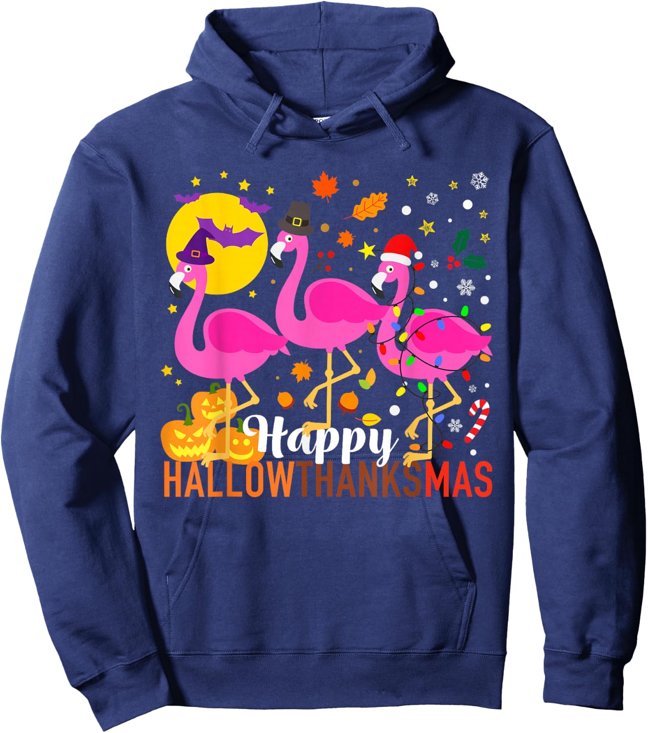 Flamingo Halloween Thanksgiving Christmas HallowThanksMas Hoodie - Hoodie | Navy