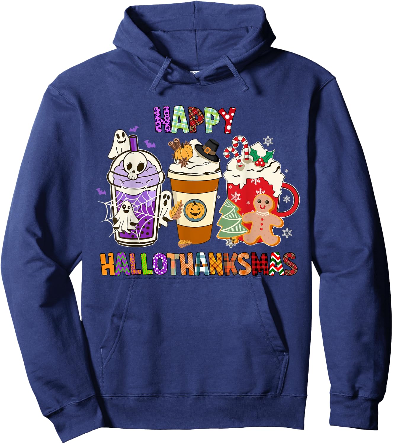 Happy HALLOTHANKSMAS Halloween Thanksgiving Christmas Coffee Hoodie - Hoodie | Navy