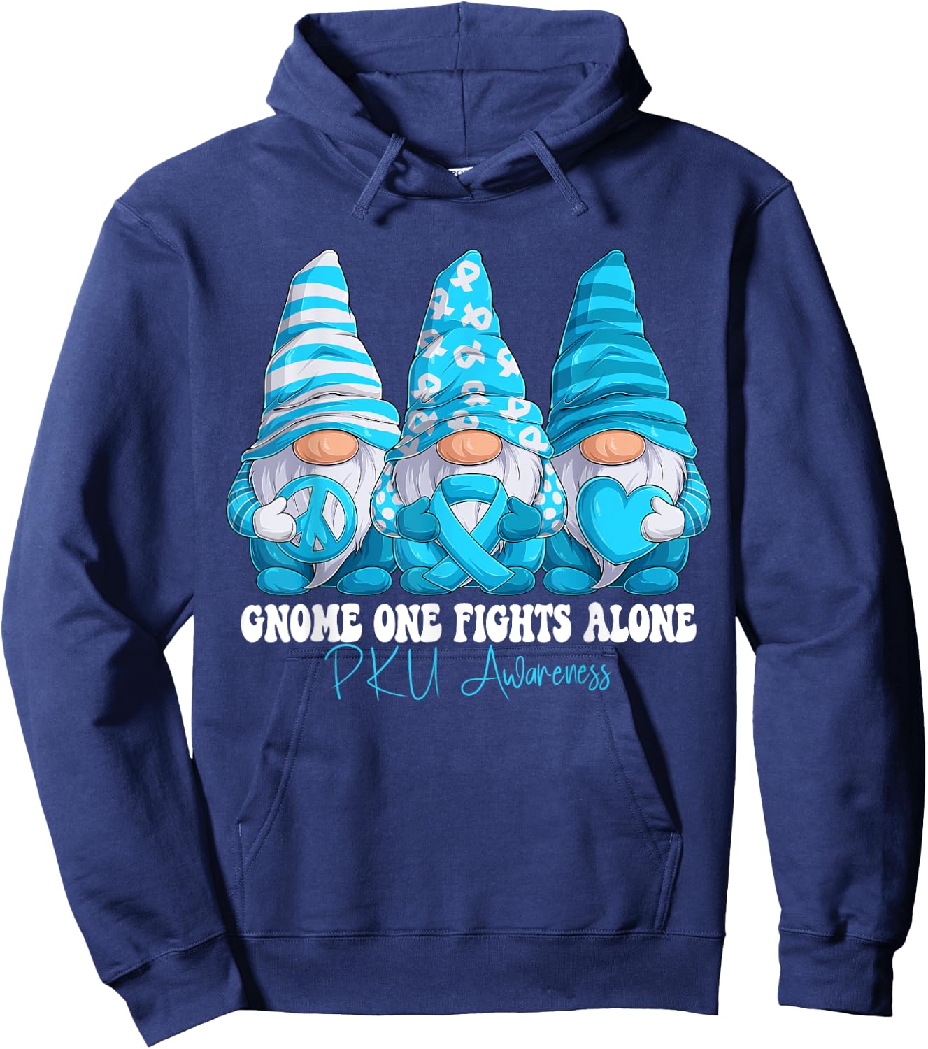 PKU Awareness Month Light Blue Ribbon Gnomies Support Hoodie - Hoodie | Navy
