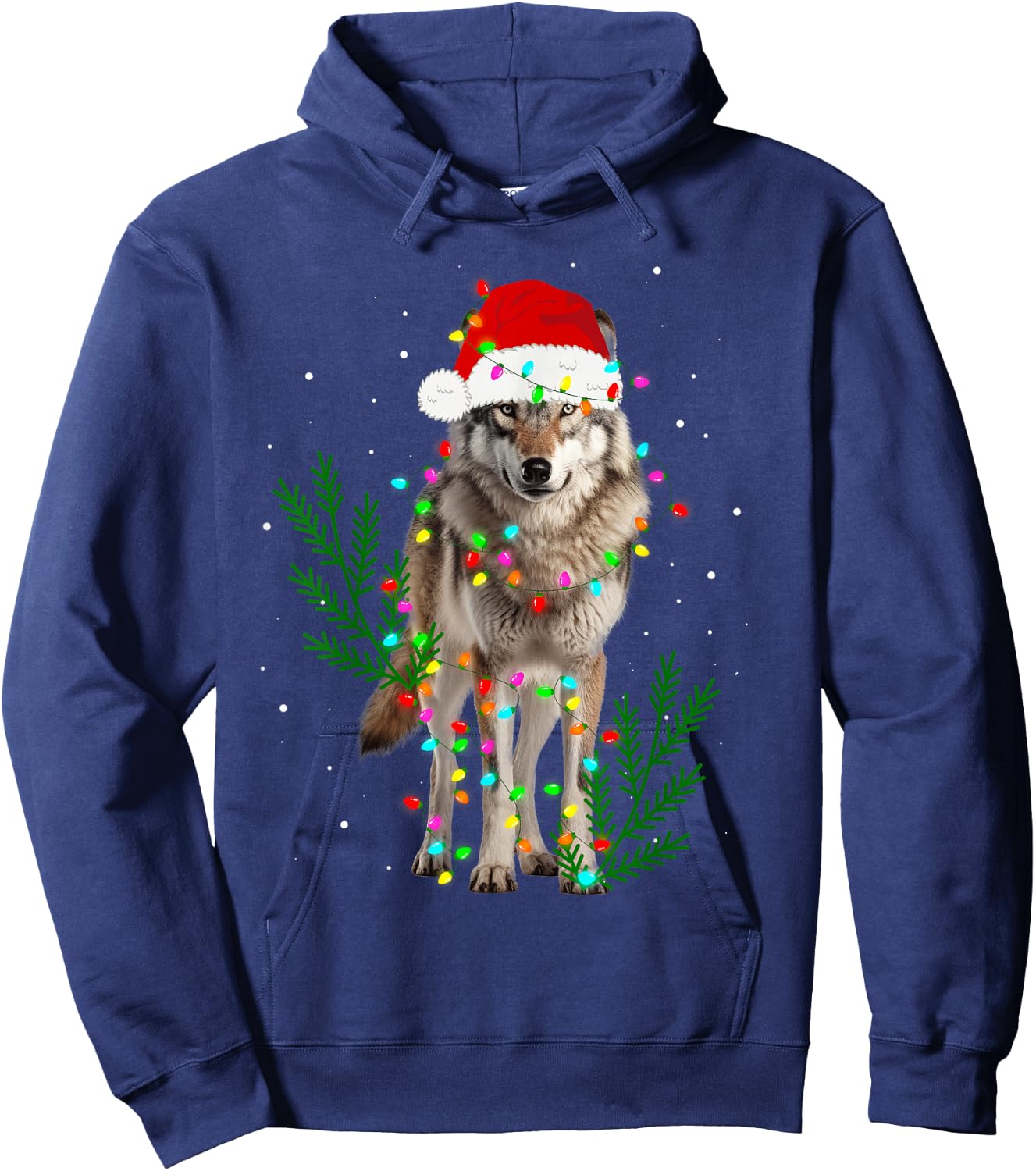 Wolf Santa Hat Christmas Lights Wolf Lover Animal Xmas Hoodie - Hoodie | Navy