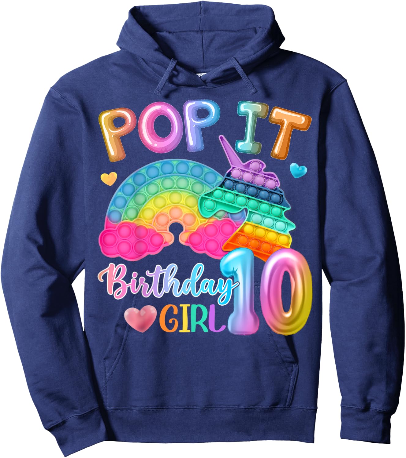 Kids Pop It Birthday Girl 10 for 10yr Old Girl Unicorn Party Hoodie - Hoodie | Navy