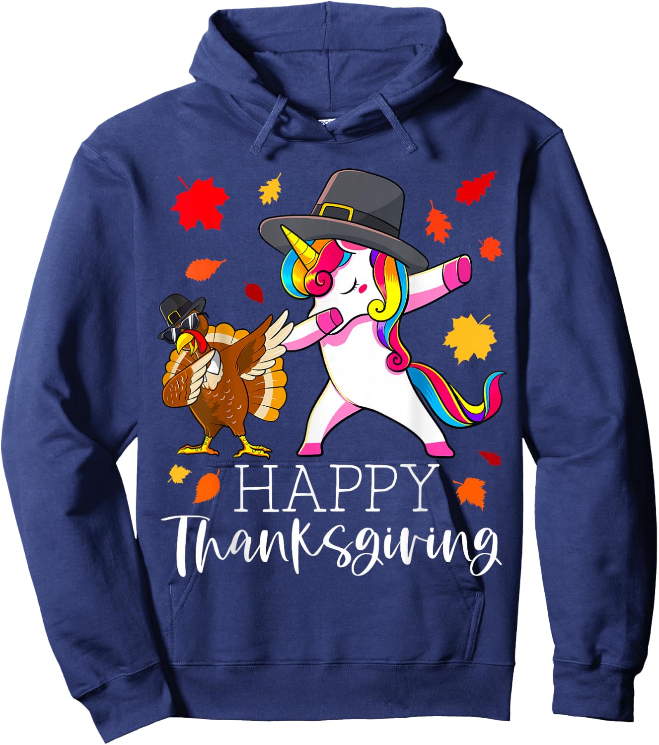 Thanksgiving Unicorn Girls Cute Dabbing Turkey Pilgrim Girl Hoodie - Hoodie | Navy