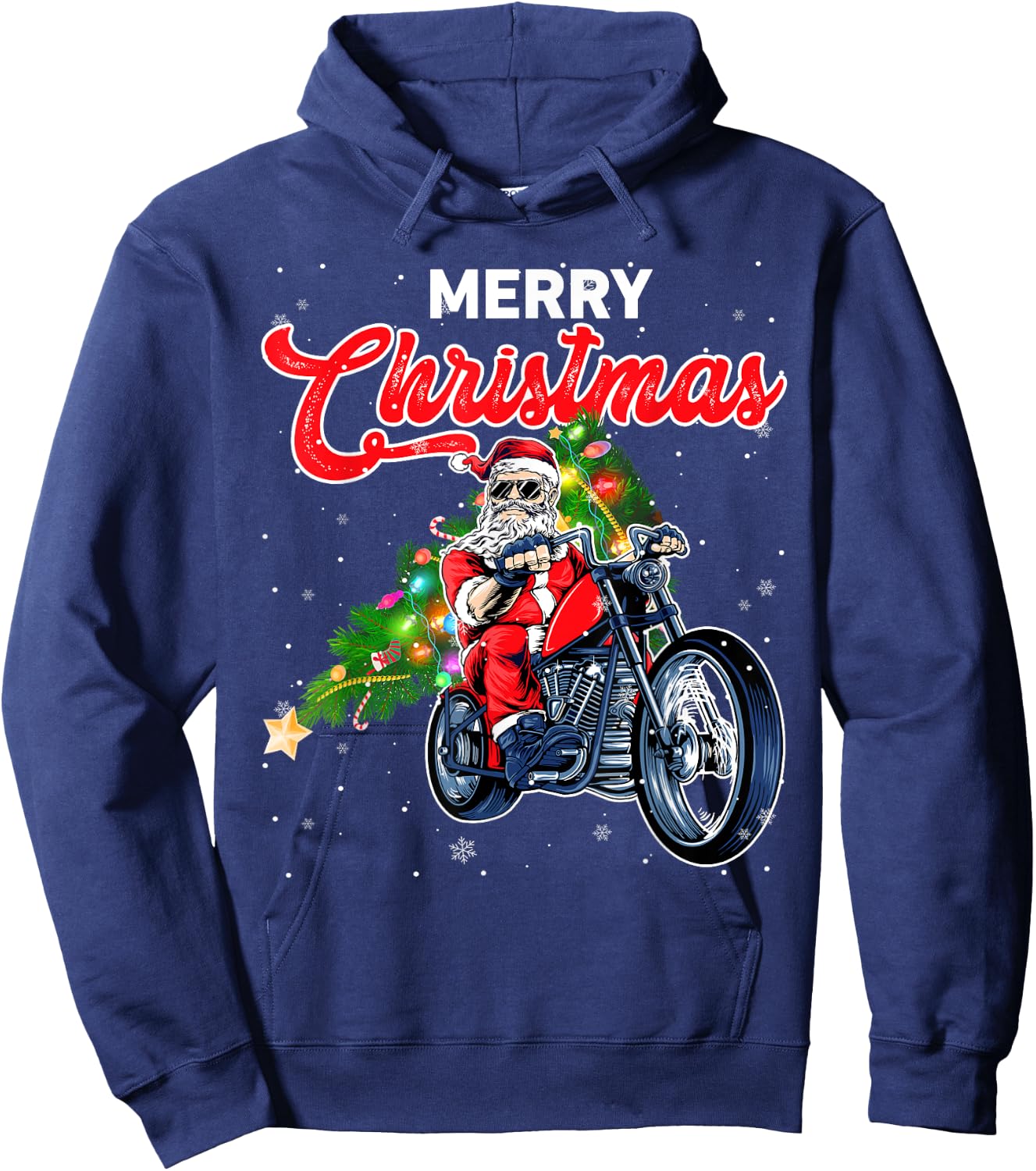 Funny Santa Claus With Motorcycle Xmas Tree Merry Christmas Hoodie - Hoodie | Navy