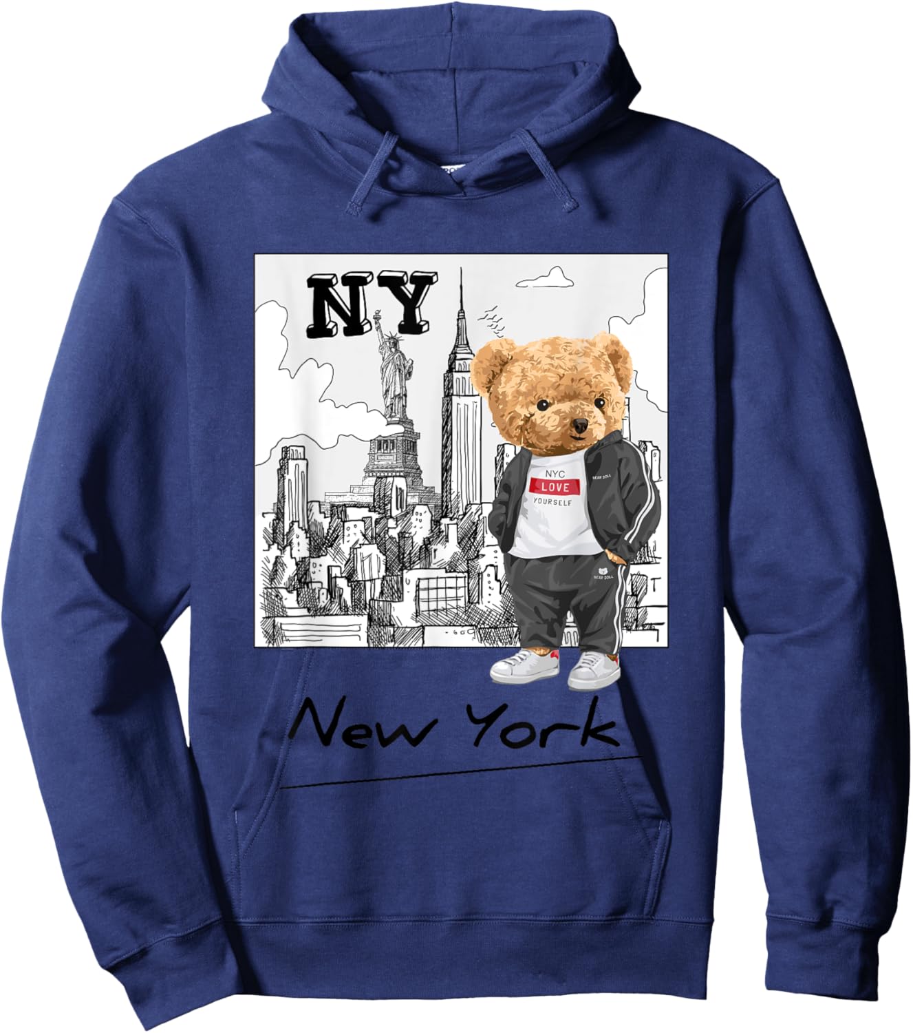 Bahaa's -Kids Graphic Black Small Classic Fit Short Sleeve Summer Graphic Teddy Bear NYC Design Hoodie - Hoodie | Navy
