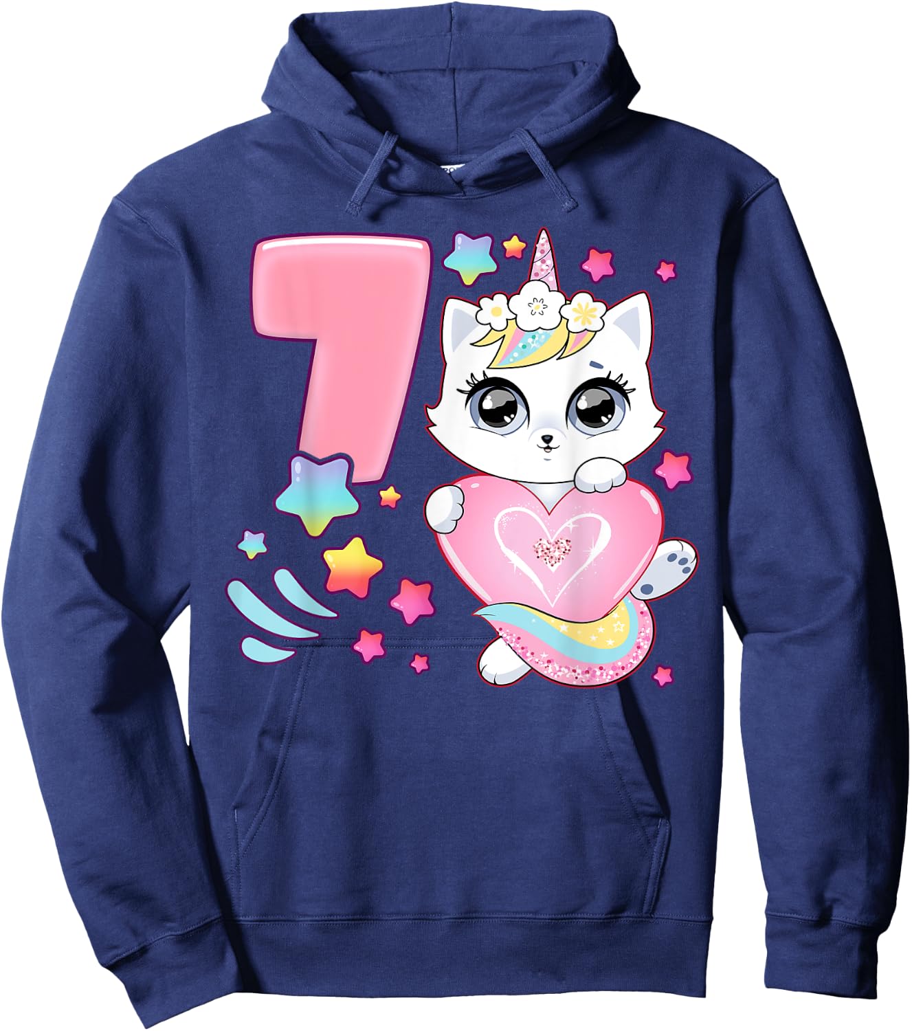 Birthday girl 7 years old, cat, unicorn, 7th birthday Hoodie - Hoodie | Navy