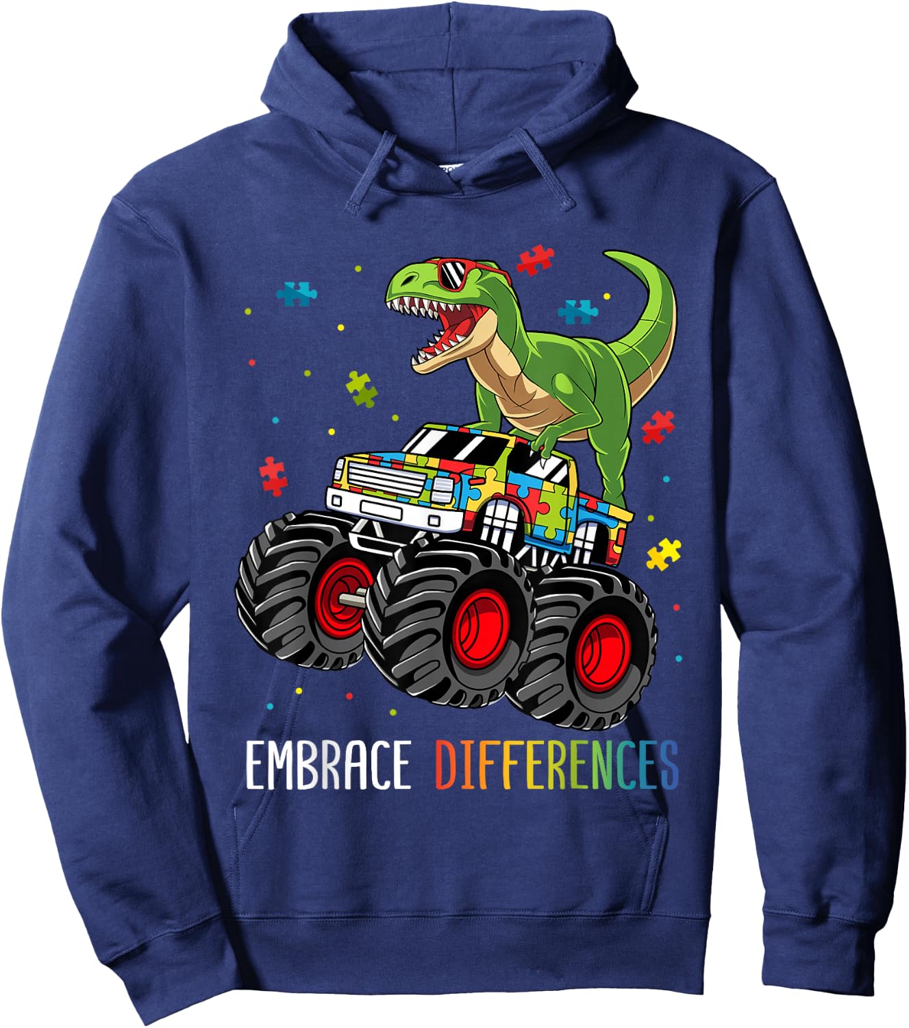 Autism Awareness T-Rex Monster Truck Embrace Differences Hoodie - Hoodie | Navy