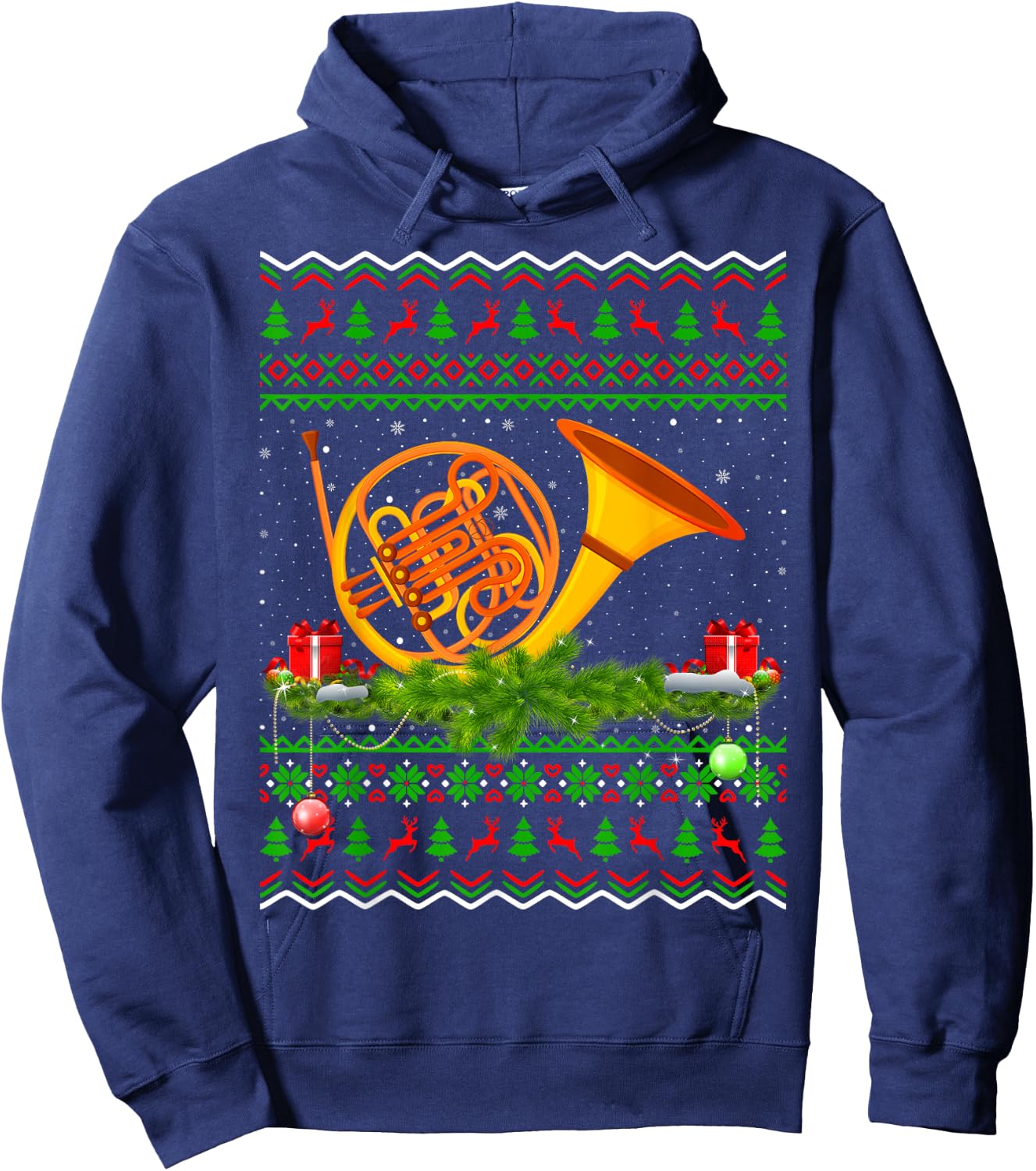 French Horn Musical Xmas Sweater Ugly French Horn Christmas Hoodie - Hoodie | Navy