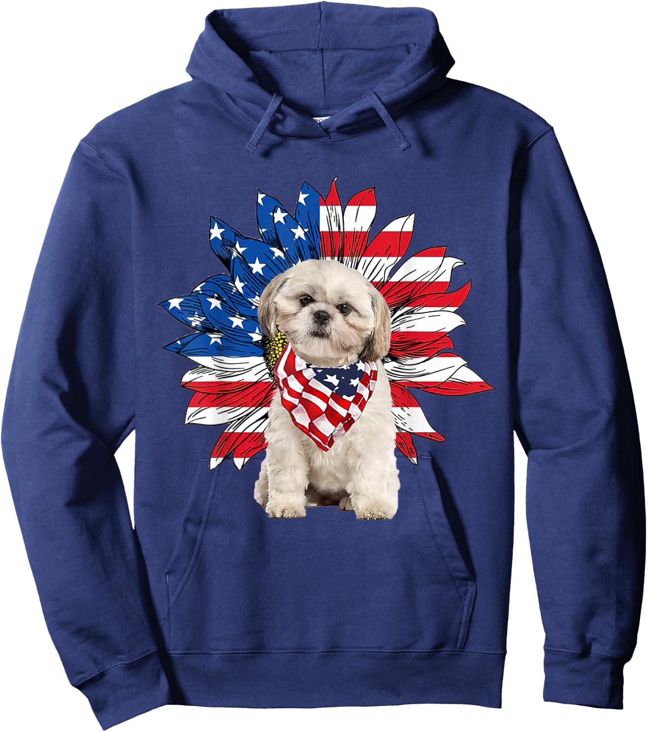 Shih Tzu American Flag Sunflower Dog Lovers 4th Of July Hoodie - Hoodie | Navy