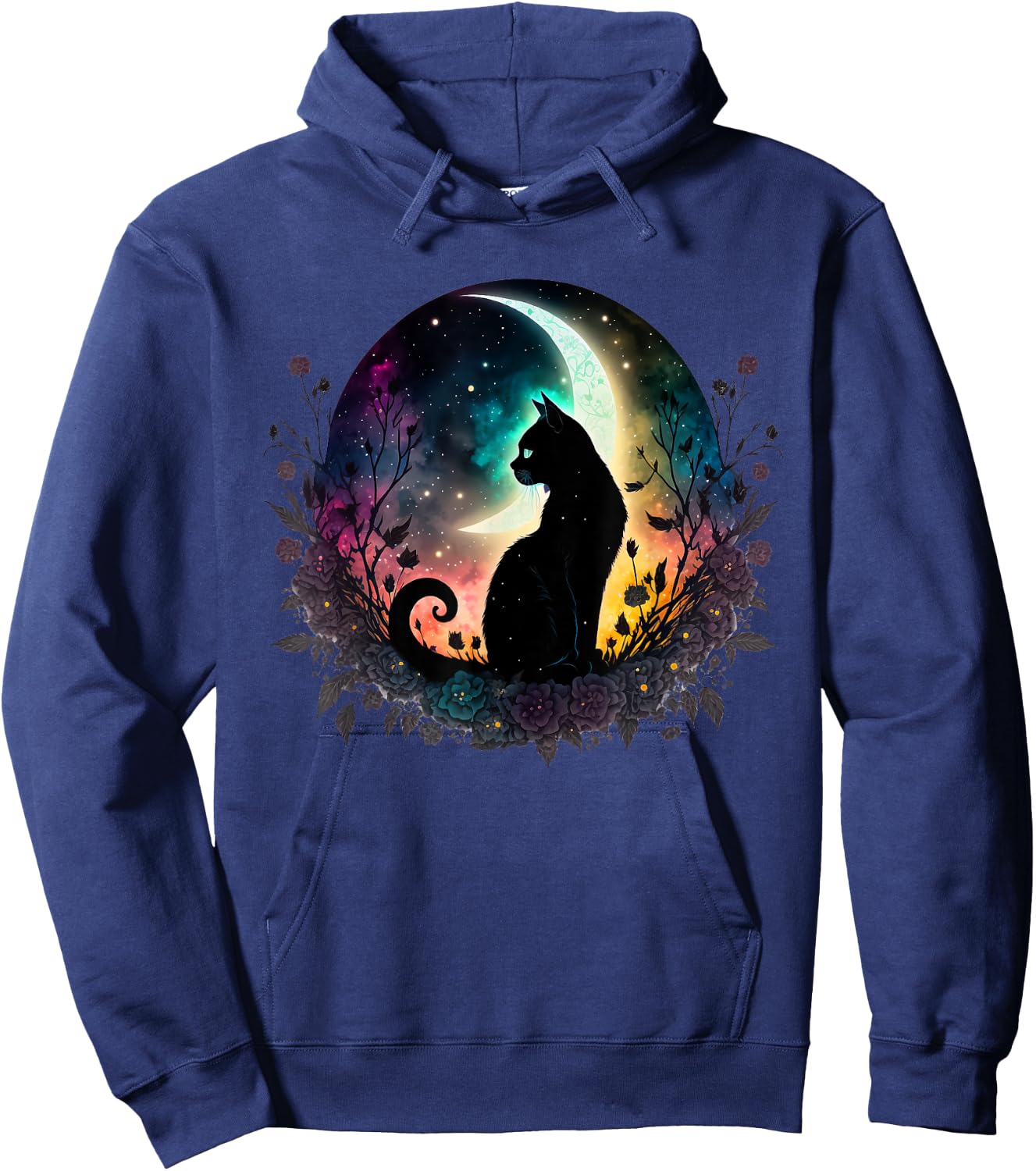 Celestial Cat Moon Botanical Witchy Colorful Spiritual Cats Hoodie - Hoodie | Navy
