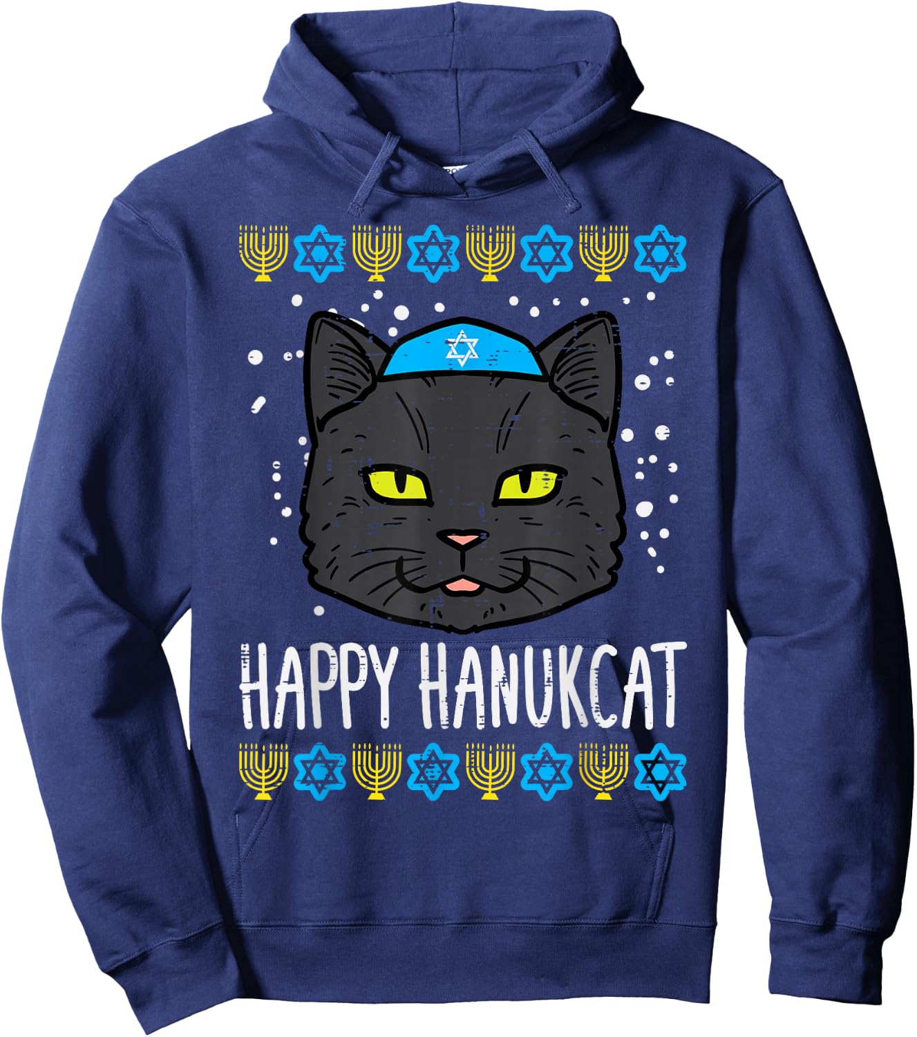 Happy Hanukcat Cat Ugly Hanukkah Chanukah Jew Men Women Kids Hoodie - Hoodie | Navy