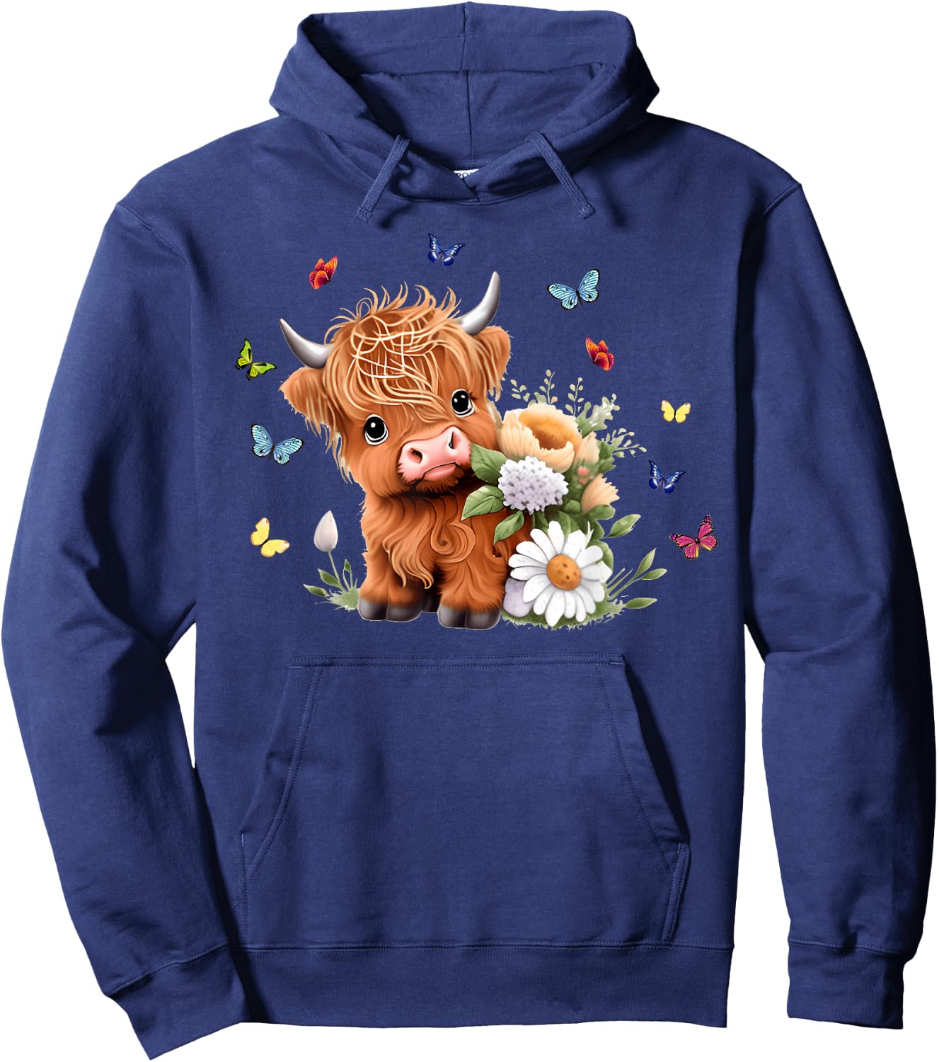 Cute Baby Highland Cow with Flowers Calf Animal Spring Hoodie - Hoodie | Navy