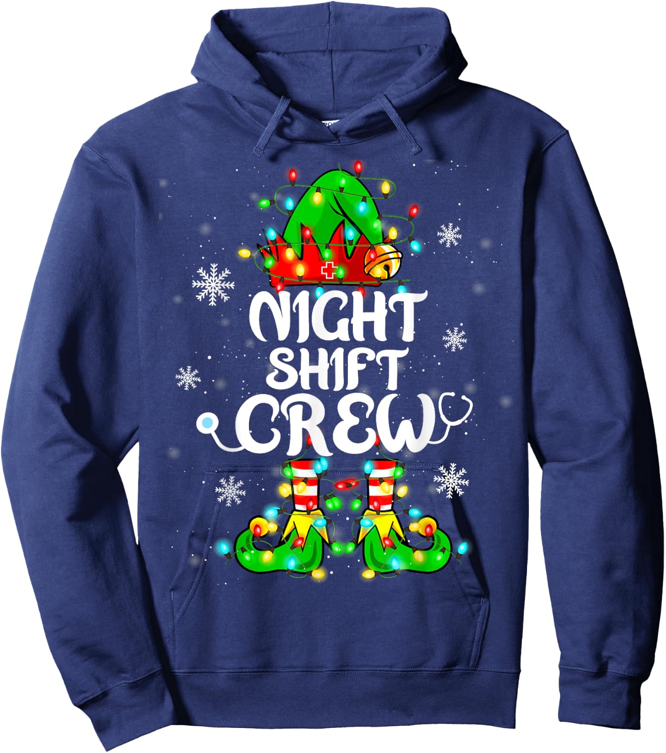 Night Shift Crew Funny Nurse Elf Chrsitmas Lights Cute Xmas Hoodie - Hoodie | Navy