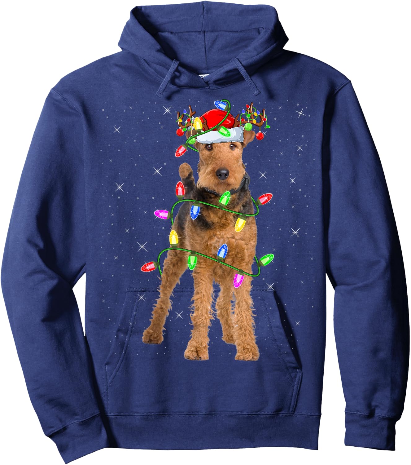 Xmas Holiday Lighting Santa Airedale Terrier Christmas Hoodie - Hoodie | Navy