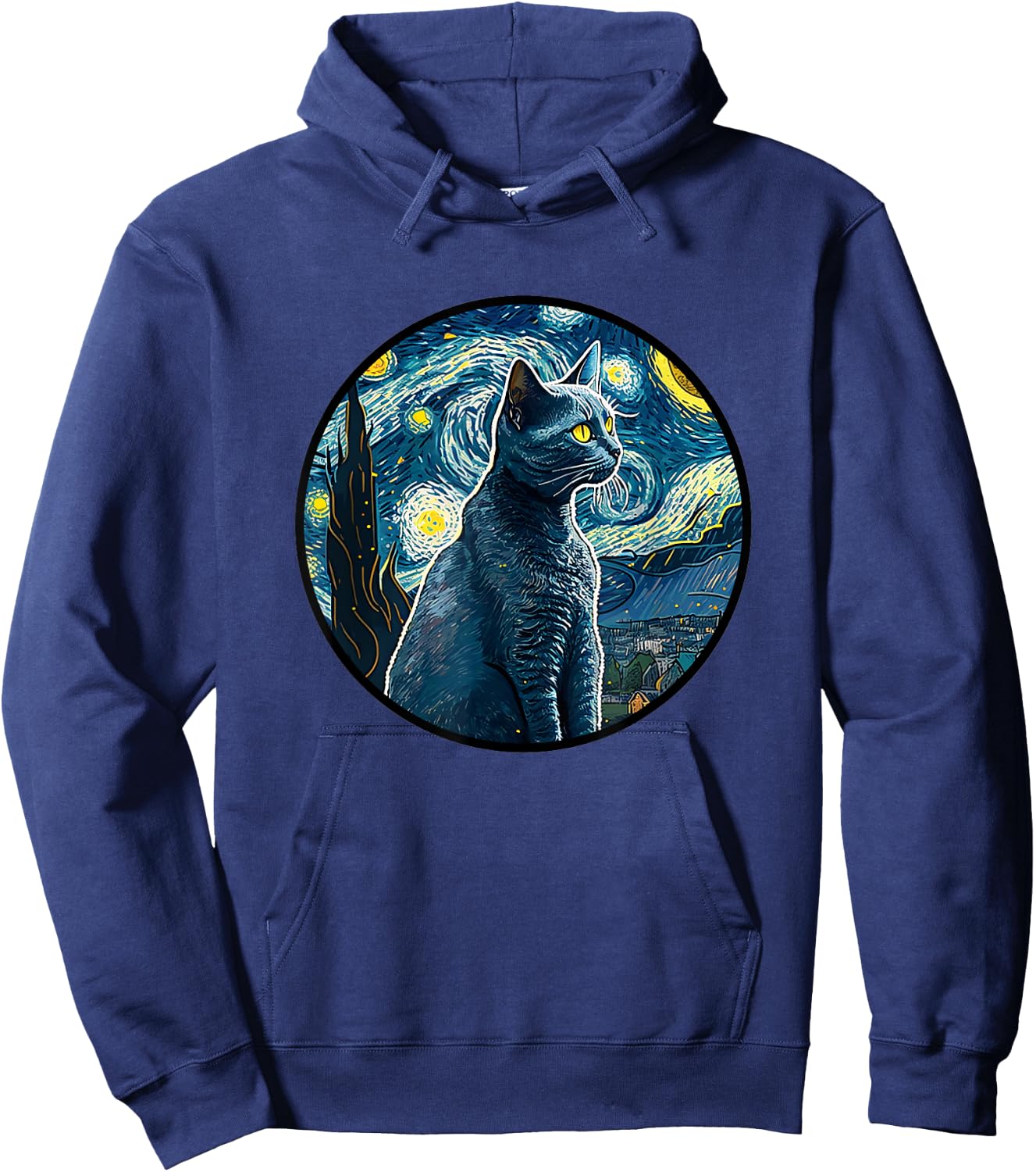 Russian Blue Cat in Starry Night Painting Men Women Kids Hoodie - Hoodie | Navy