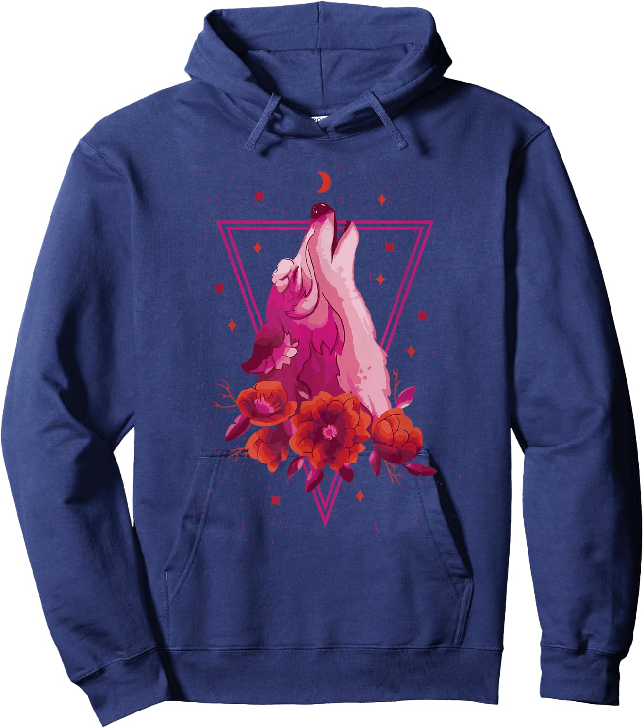 Pink Wolf Howling Vaporwave Floral Roses Stars Crescent Moon Hoodie - Hoodie | Navy