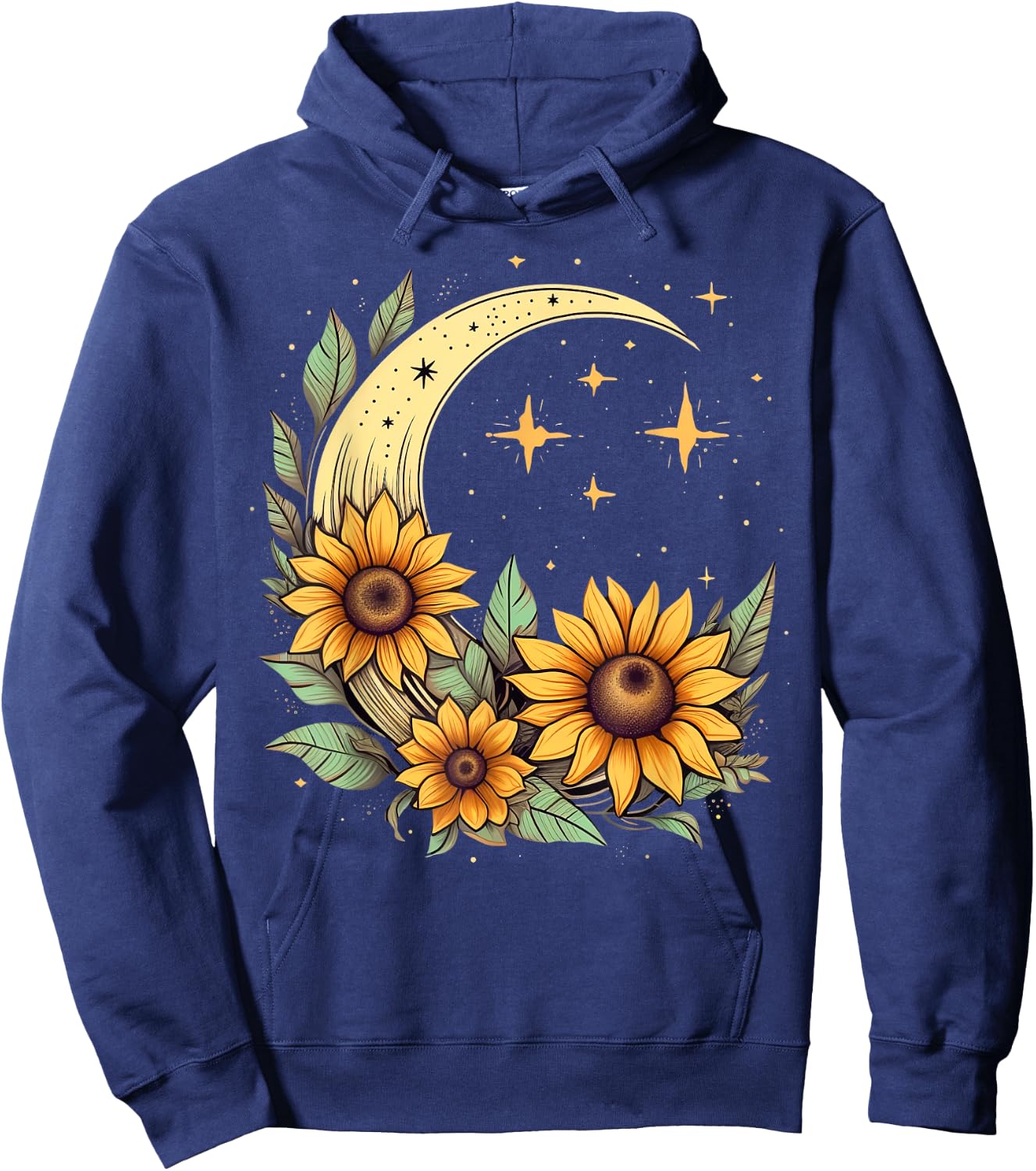 Floral Moon Sunflower on Celestial Sunflower Lunar Hoodie - Hoodie | Navy