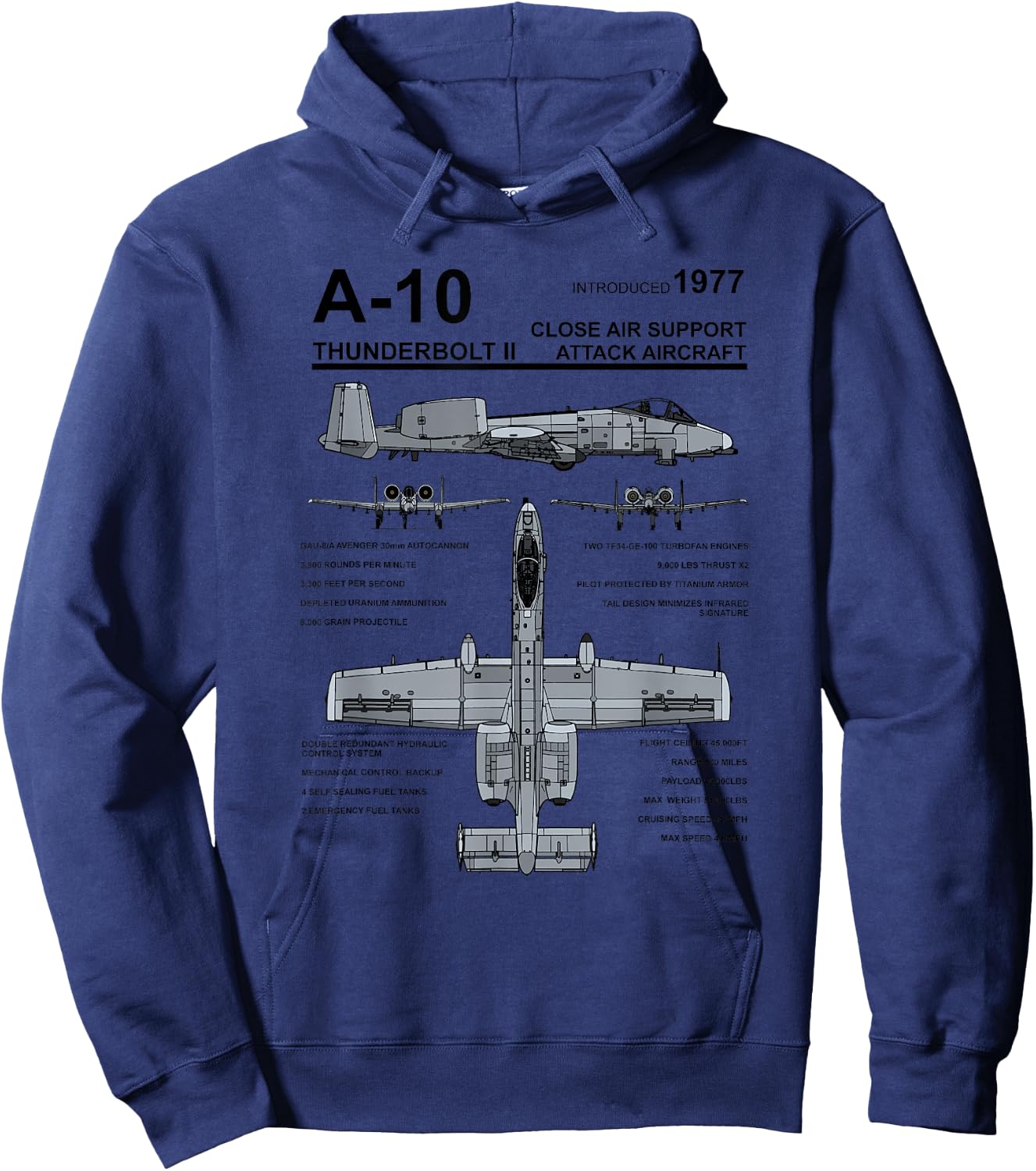 A-10 Thunderbolt II Warthog Military Jet Spec Diagram Hoodie - Hoodie | Navy
