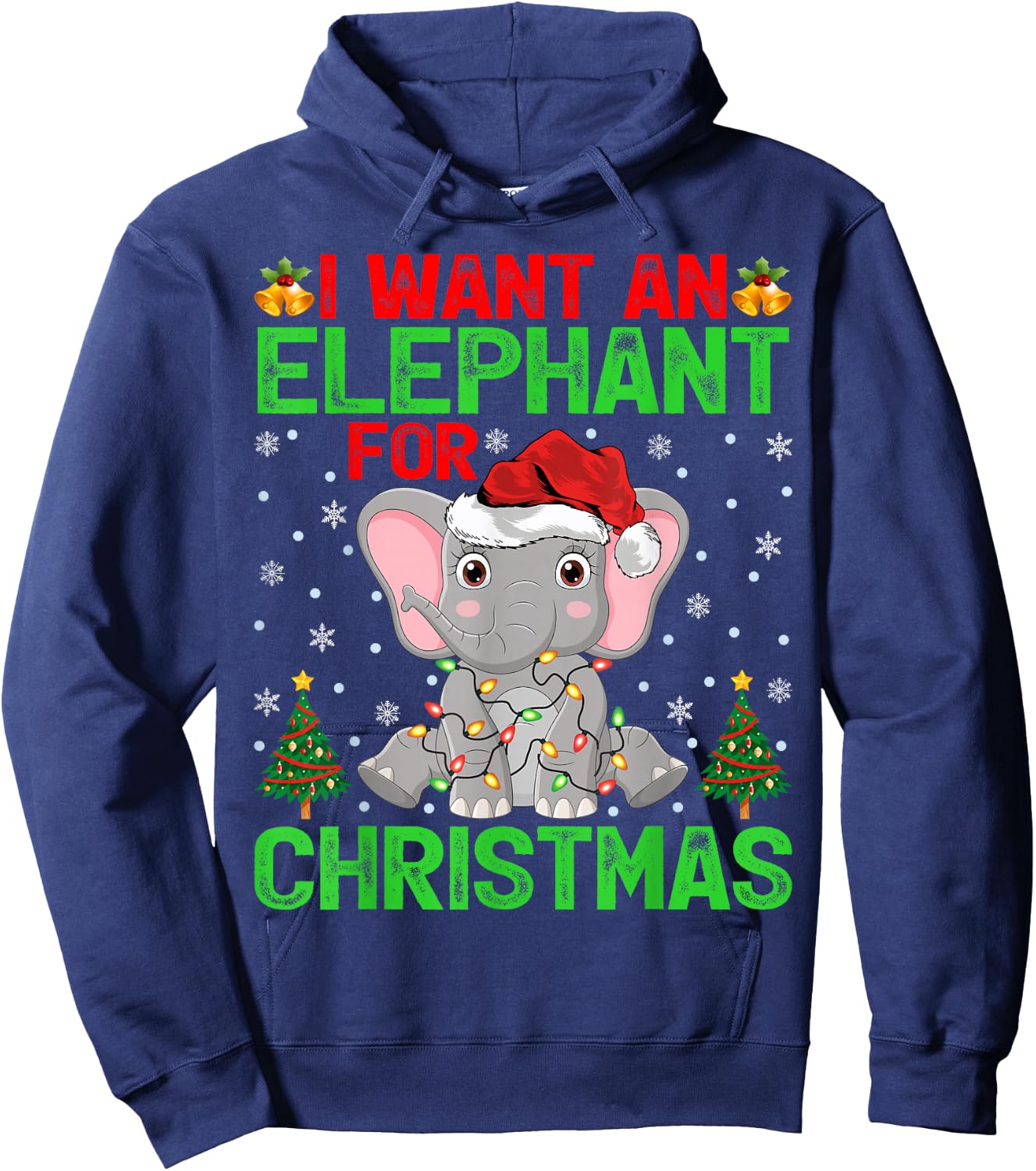 I Want An Elephant For Christmas Lights Santa Elephant Xmas Hoodie - Hoodie | Navy