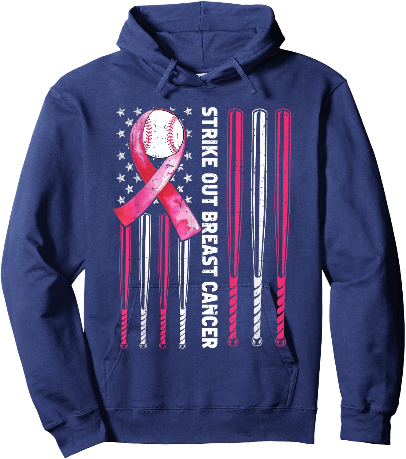 Strike Out Breast Cancer Baseball Lover Pink American Flag Hoodie - Hoodie | Navy