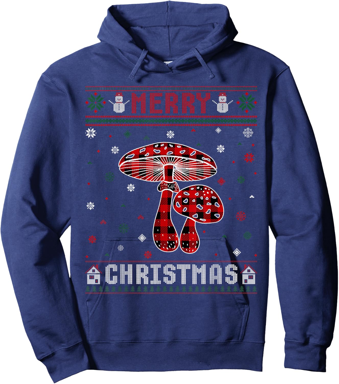 Ugly Christmas Sweater Mushroom Buffalo Plaid Red Xmas Hoodie - Hoodie | Navy