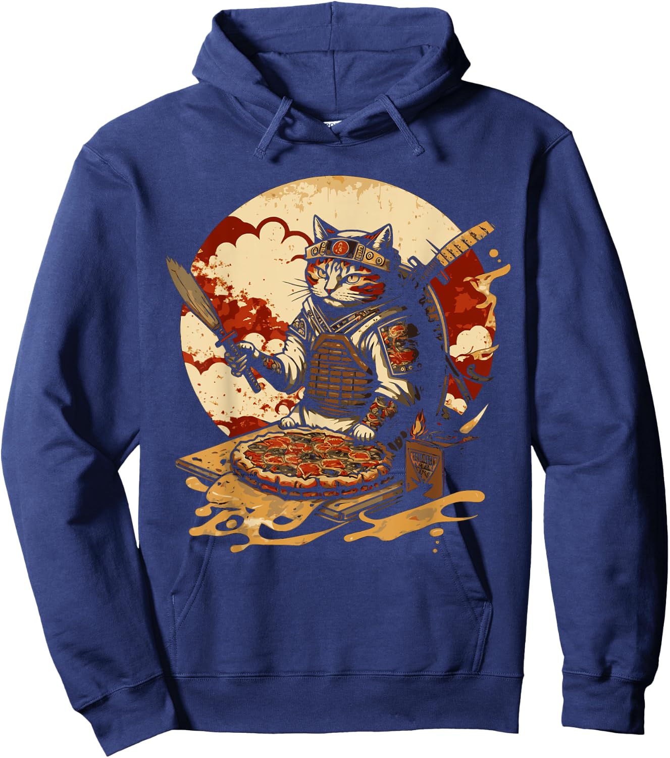 Japanese Sunset Samurai Cat Eat Pizza Anime Ninja Kitten Women Hoodie - Hoodie | Navy