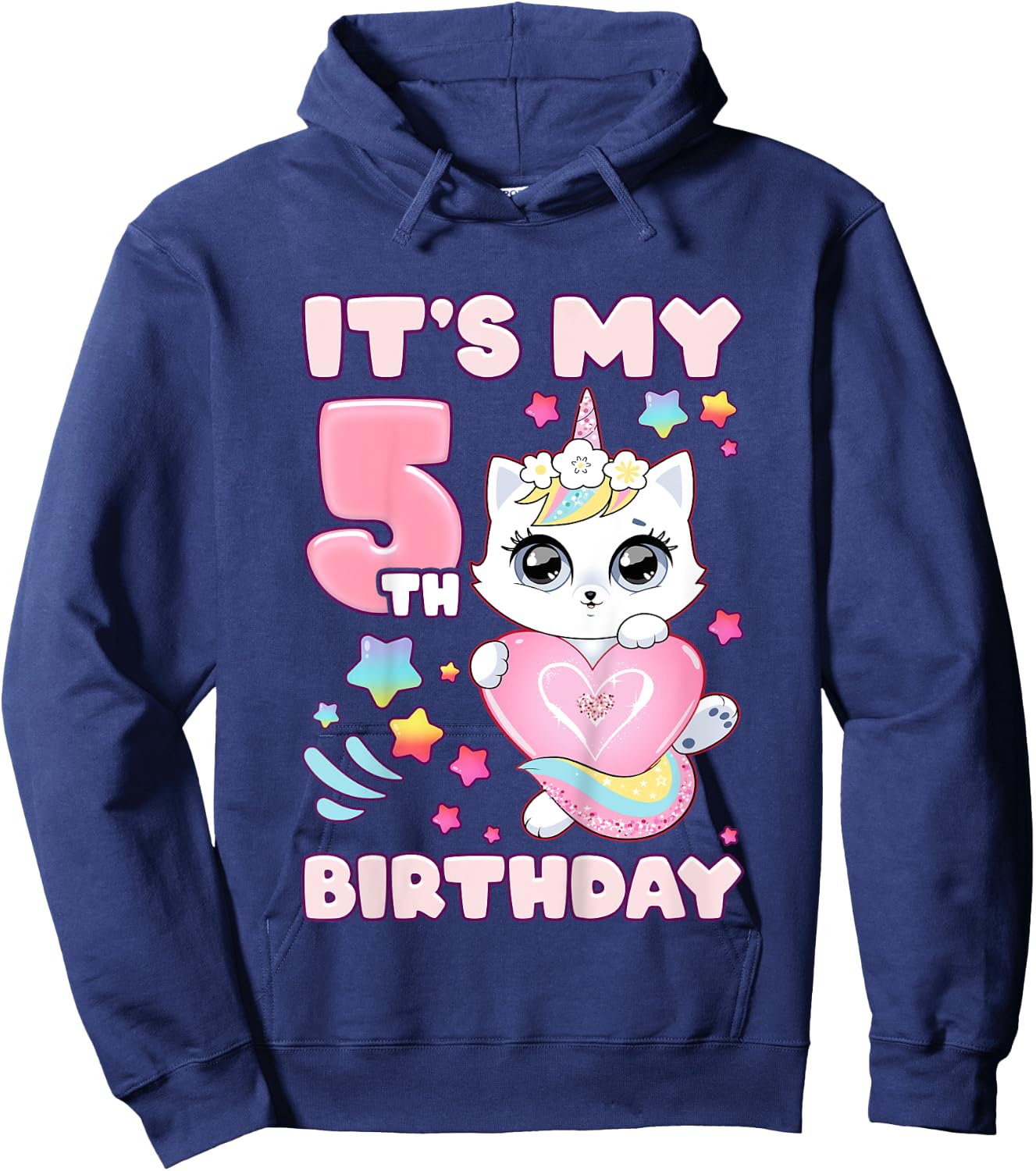 Birthday girl 5 years old, cat, unicorn, 5th birthday Hoodie - Hoodie | Navy