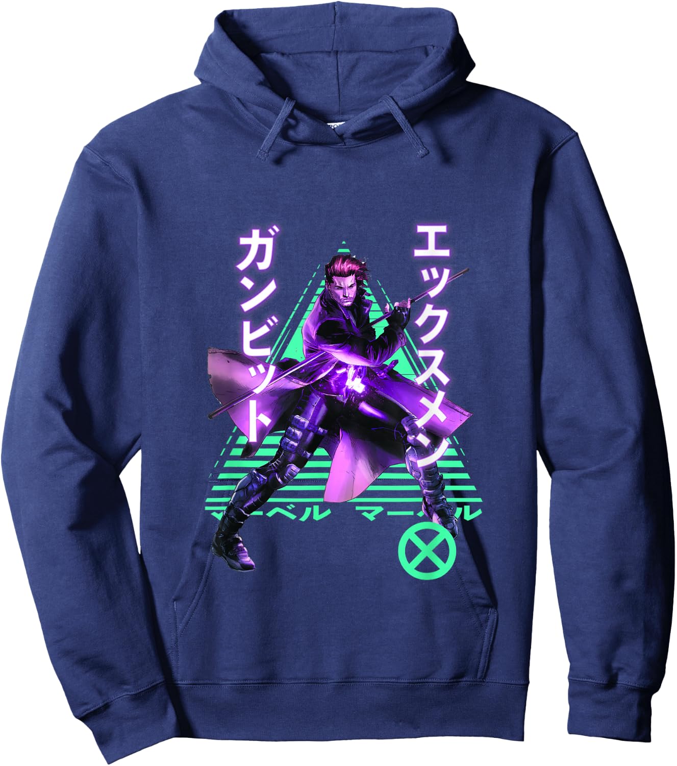 Marvel X-Men Anime Style Gambit Neon Kanji Portrait Hoodie - Hoodie | Navy