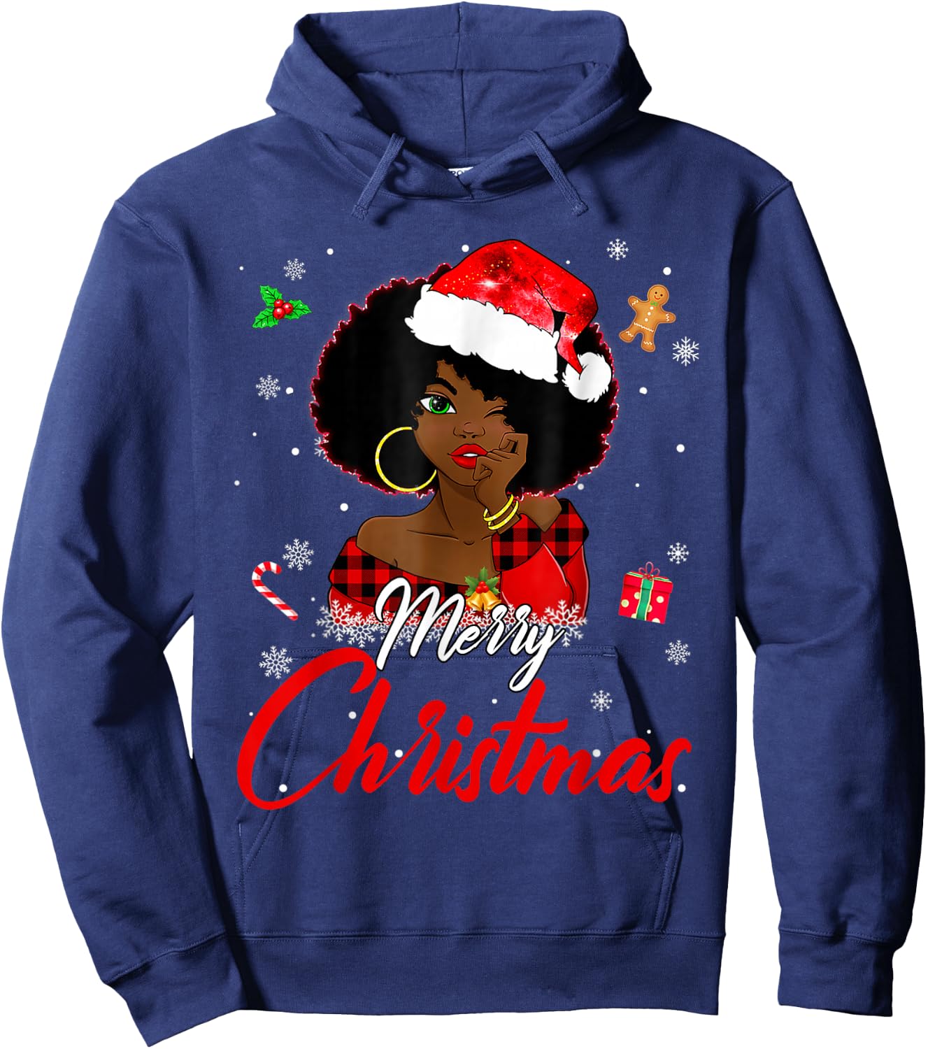 Black African Girl American Melanin Christmas Santa Hat Xmas Hoodie - Hoodie | Navy