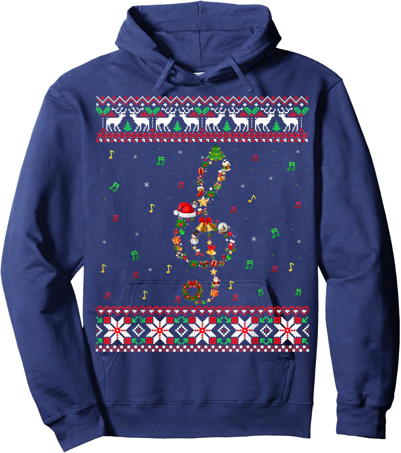 Music Note Christmas Ugly Sweater Musical Teacher Sing Women Kids Hoodie - Hoodie | Navy