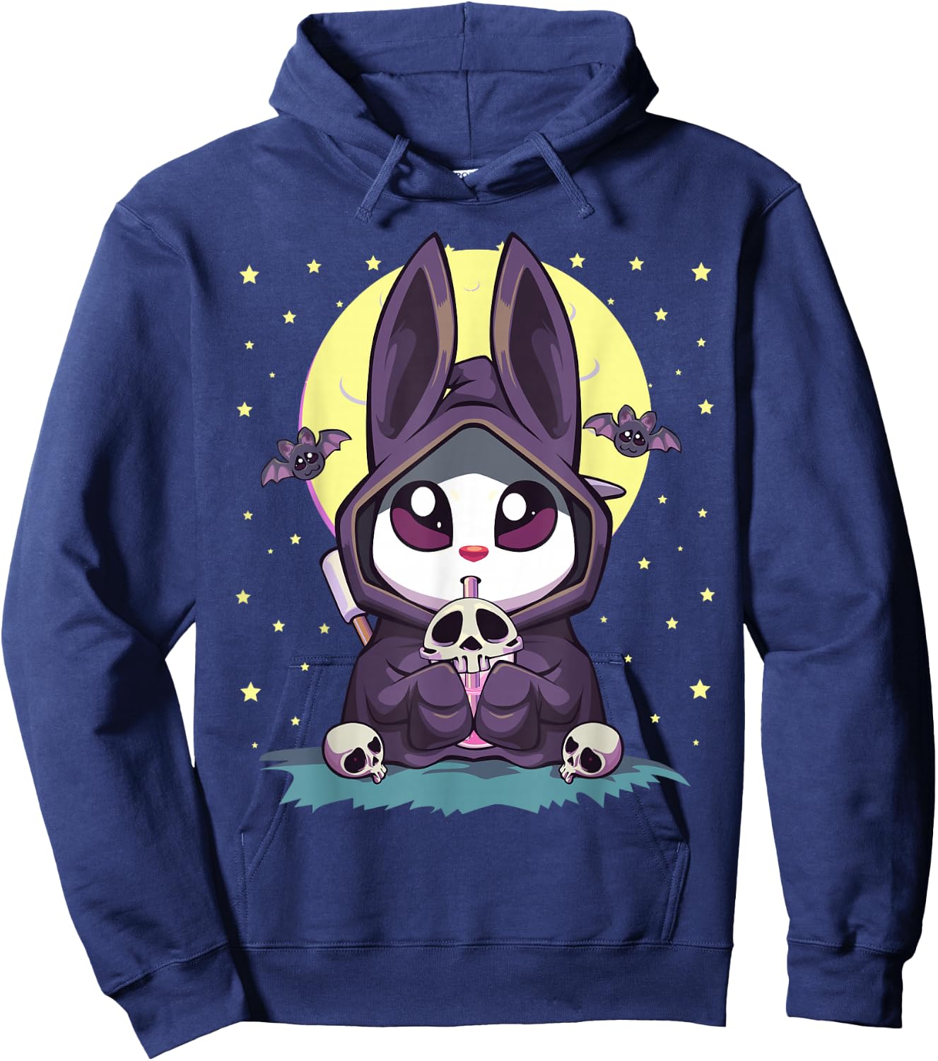 Pastel Goth Kawaii Anime Moon Bunny Reaper With Boba Tea Hoodie - Hoodie | Navy