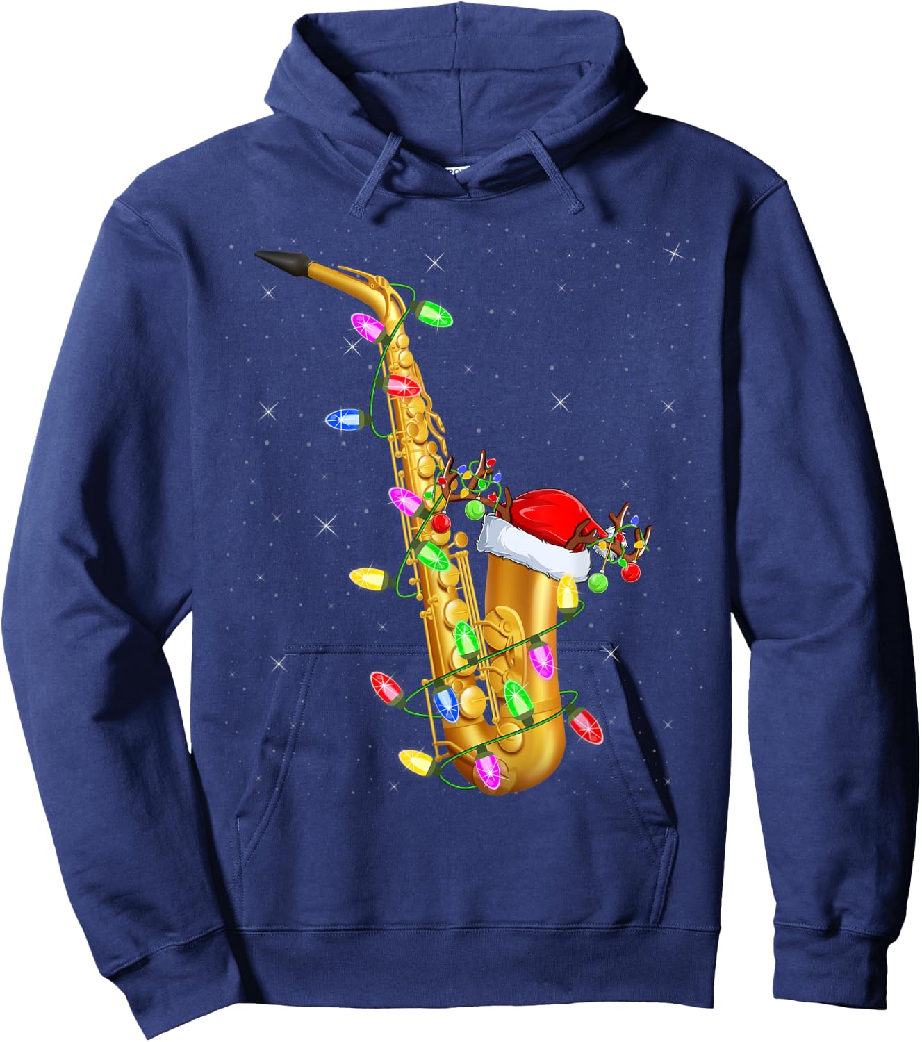 Saxophone Music Lover Xmas Lights Santa Saxophone Christmas Hoodie - Hoodie | Navy
