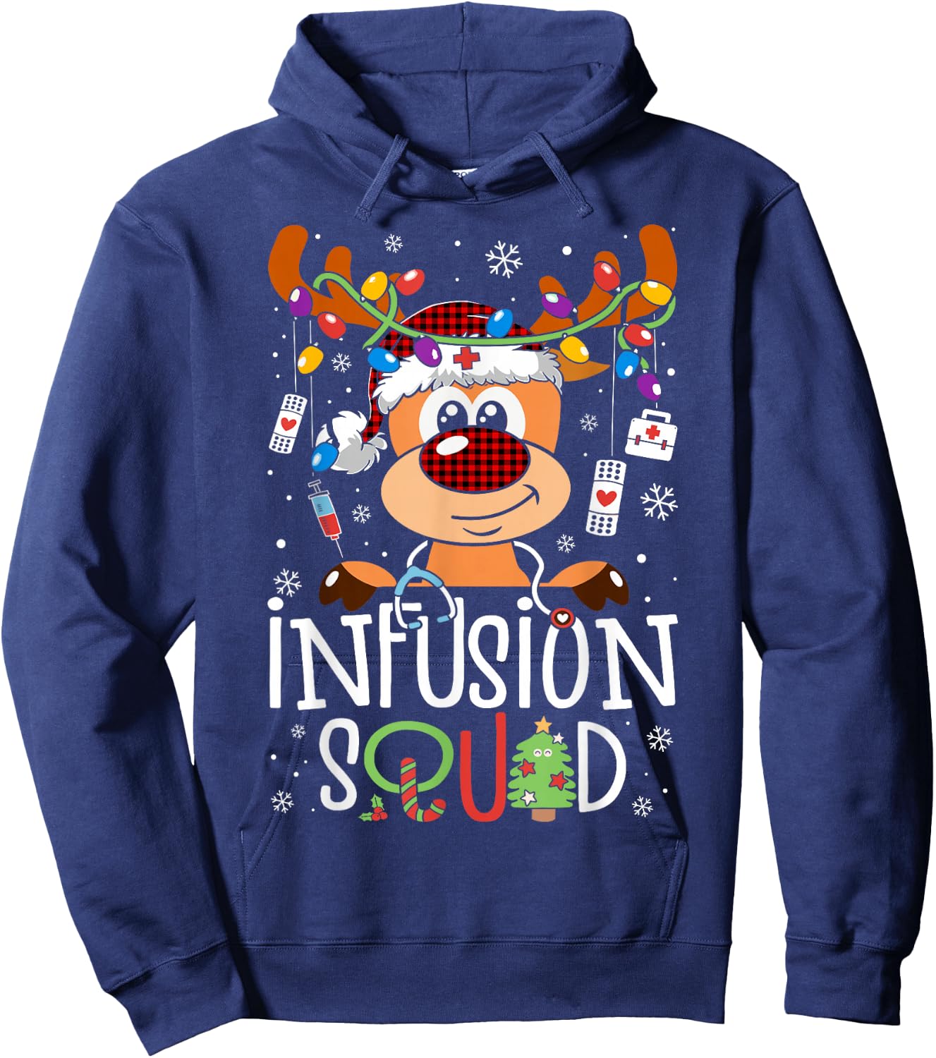 Reindeer Christmas Infusion Nurse Squad Stethoscope Nurse Hoodie - Hoodie | Navy