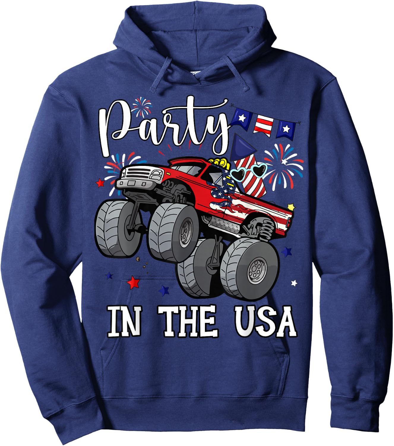 Party In USA Boy Toddler Monster Truck American Flag Patriot Hoodie - Hoodie | Navy