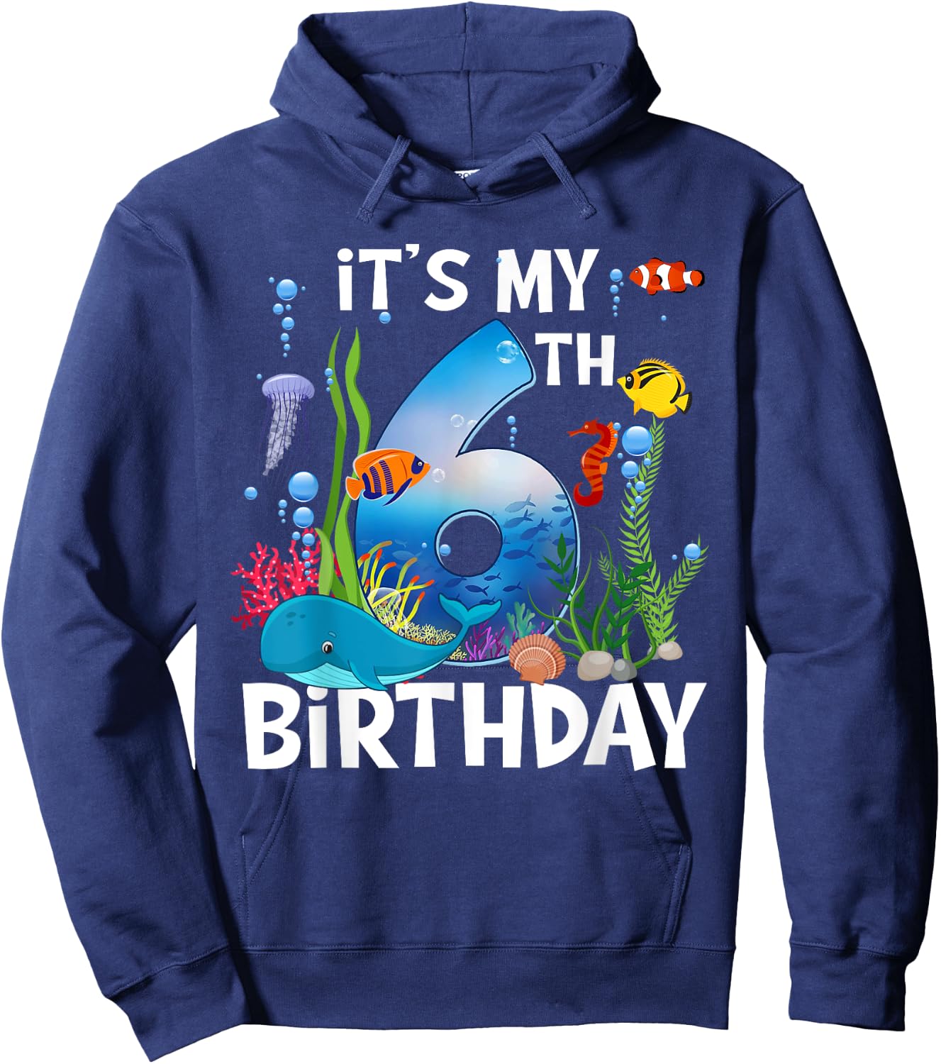 Kids 6 Year Old Ocean Life Whale Dolphin Shark 6th Birthday Hoodie - Hoodie | Navy