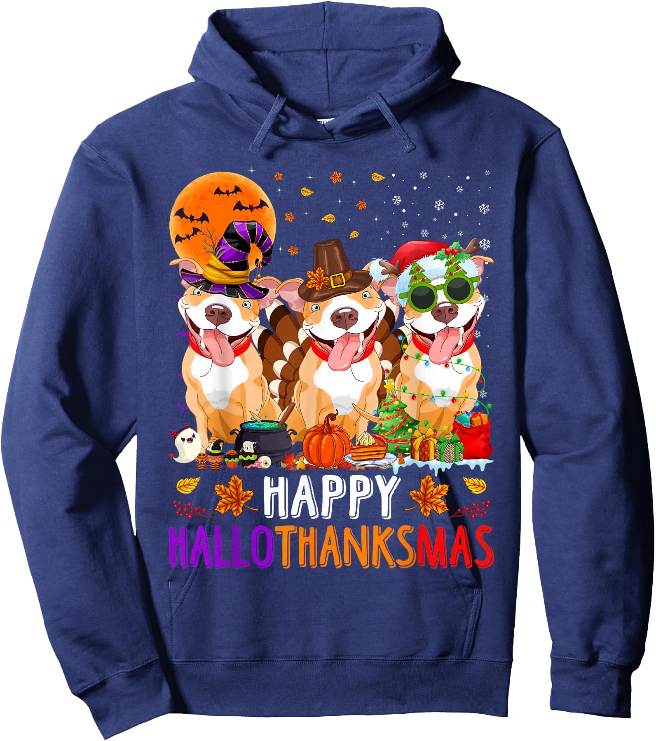 Happy Hallothanksmas Pitbull Dog Halloween Christmas Hoodie - Hoodie | Navy