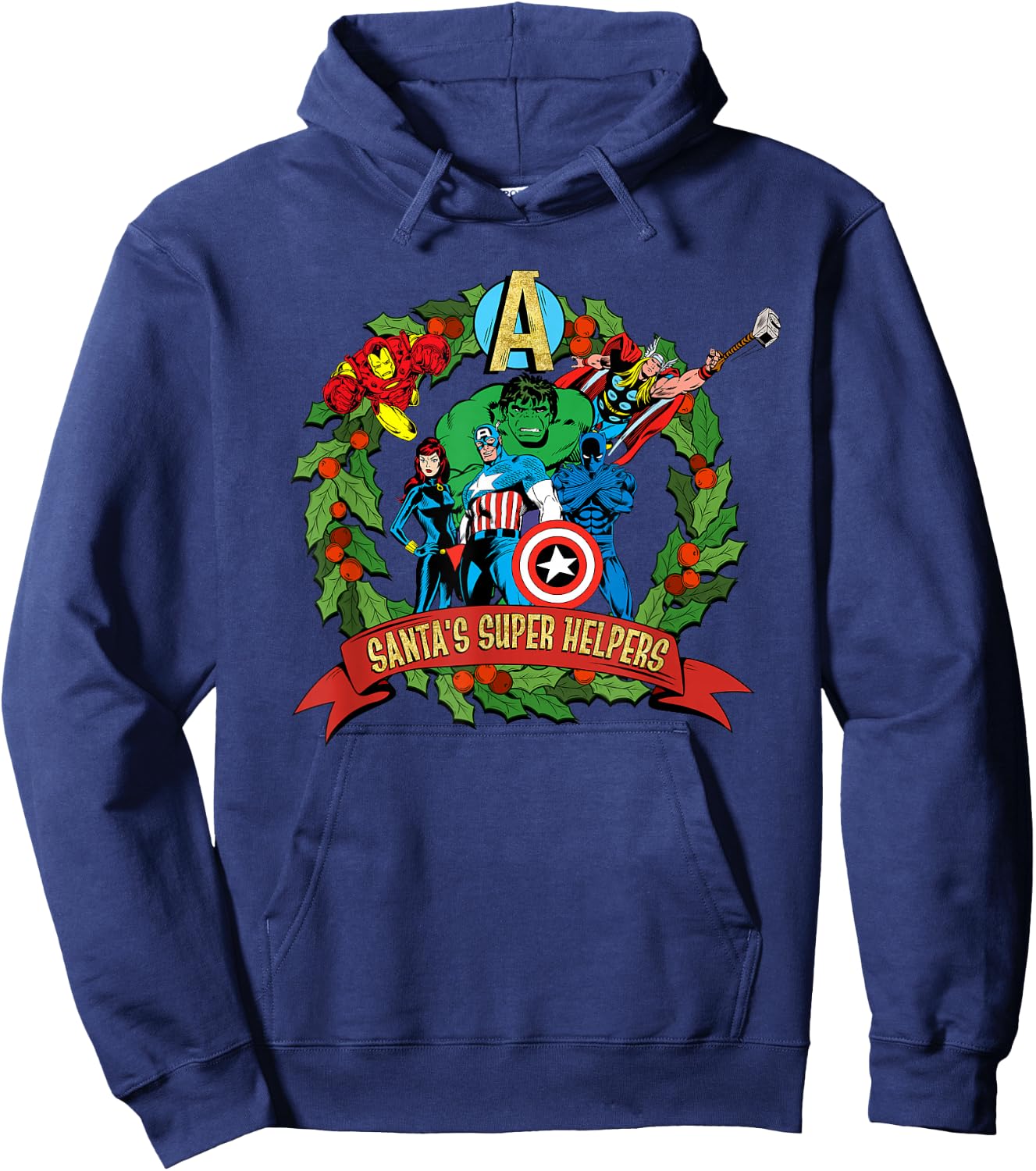 Marvel Avengers Santa’s Super Helpers Wreath Retro Holiday Hoodie - Hoodie | Navy