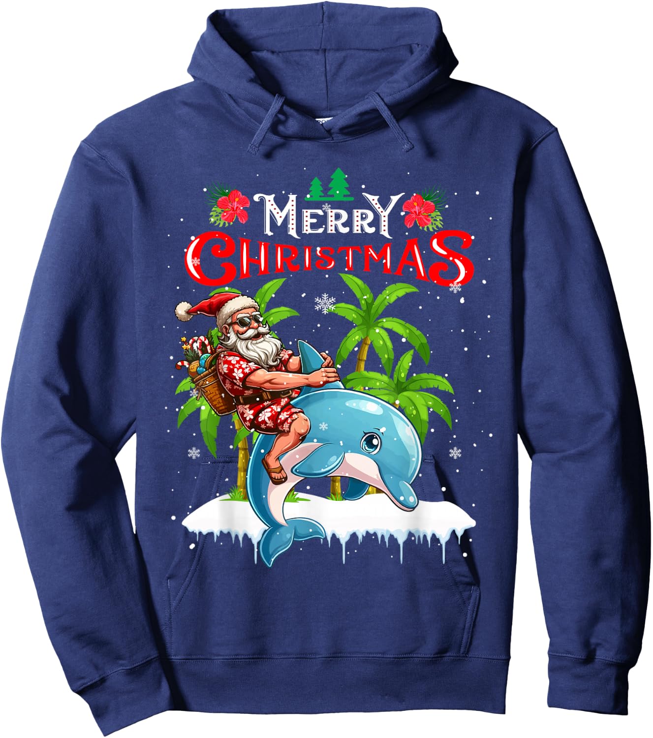 Merry Christmas Hawaiian Santa Sunglasses Riding Dolphin Hoodie - Hoodie | Navy