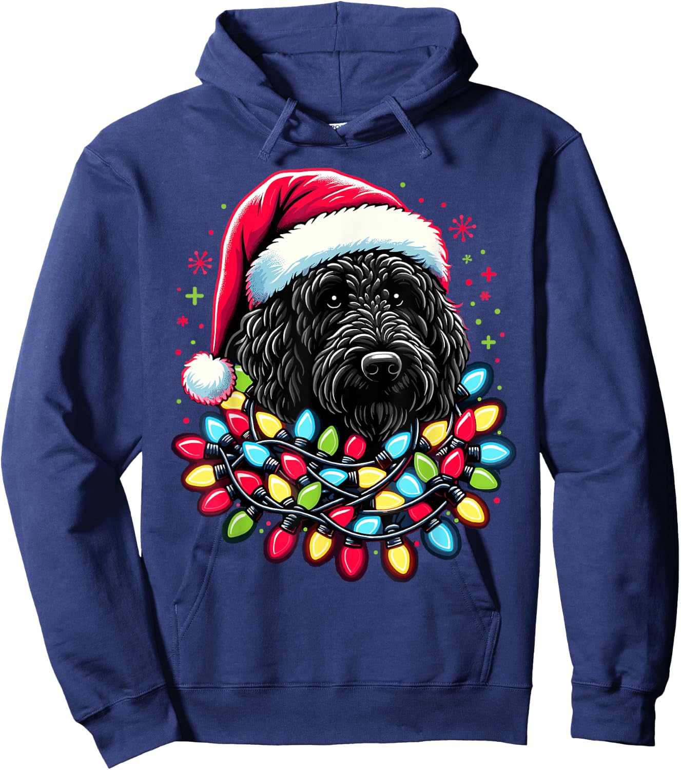 Black Labradoodle Christmas Tree Xmas Lights Doodle Dog Hoodie - Hoodie | Navy