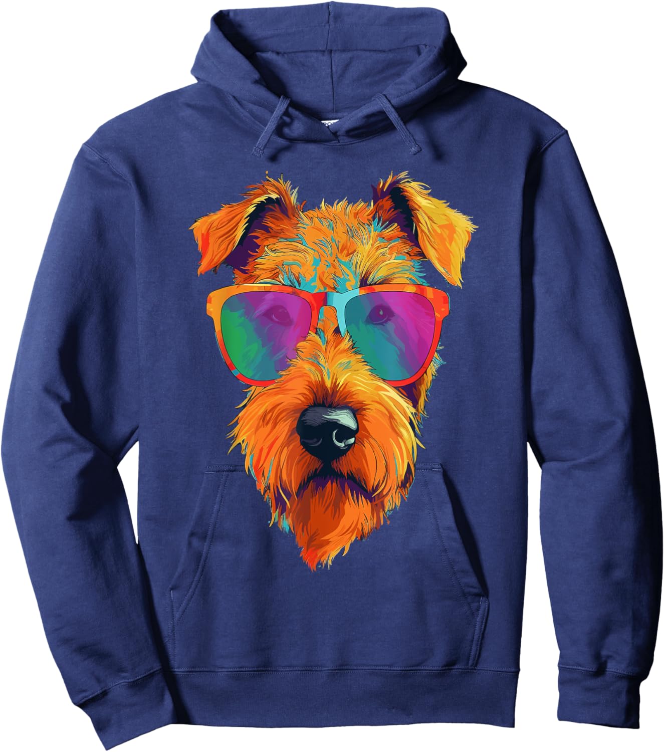Colorful Pop Art Airedale Terrier Wearing Sunglasses Face Hoodie - Hoodie | Navy