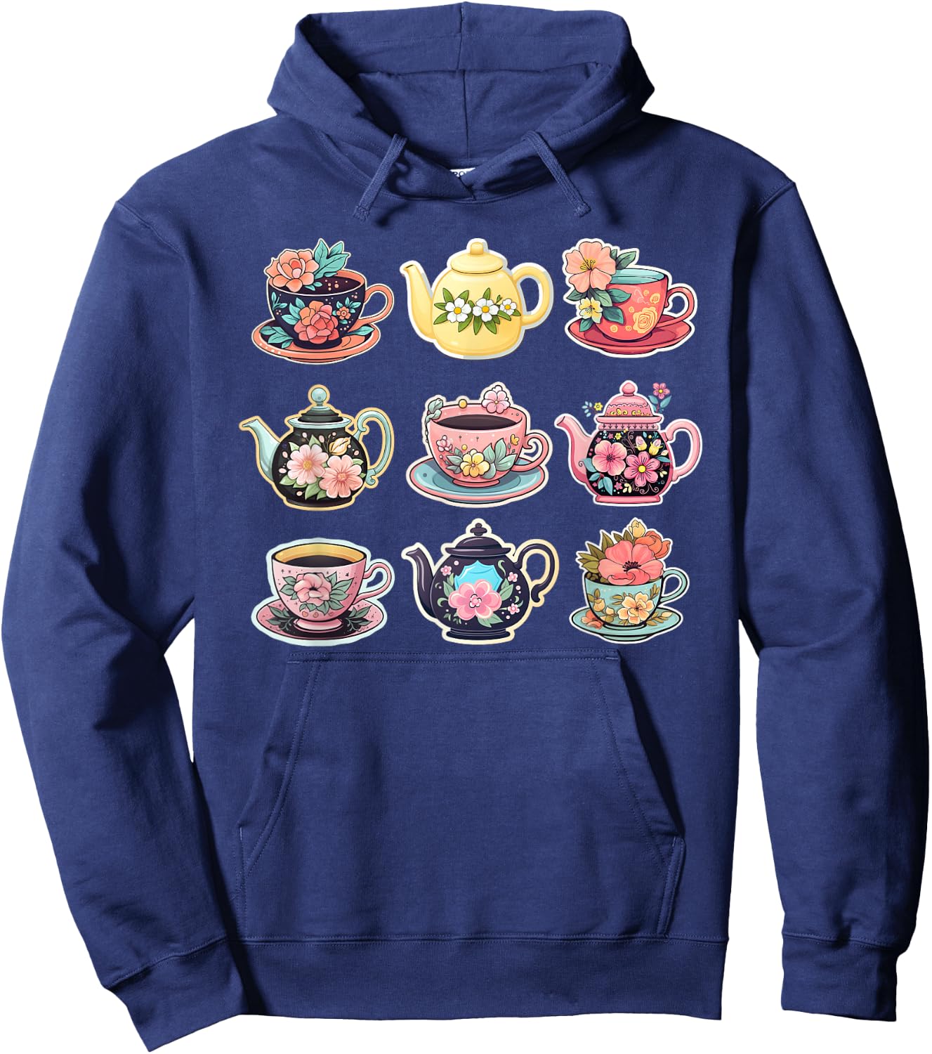 Teapot and Tea Cups With Flowers Hoodie - Hoodie | Navy