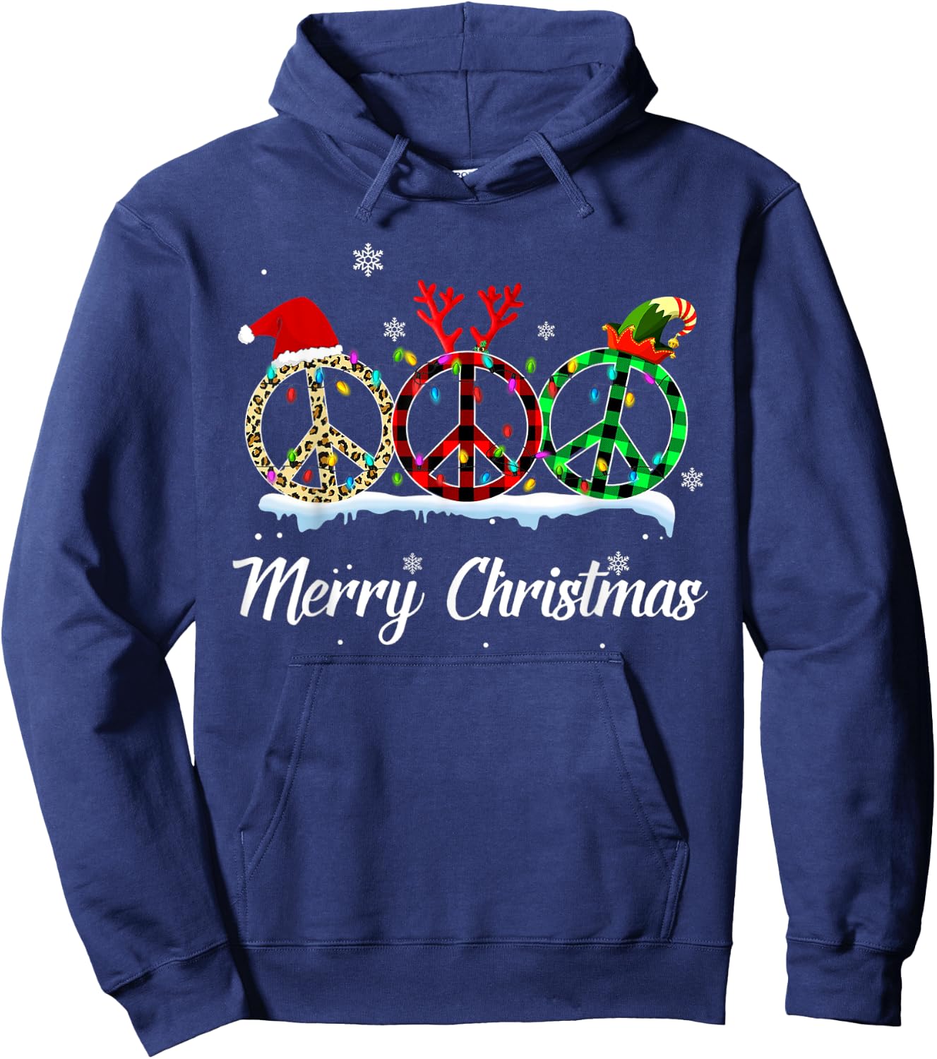Hippie Peace Sign Santa Hat Reindeer Merry Christmas Hoodie - Hoodie | Navy