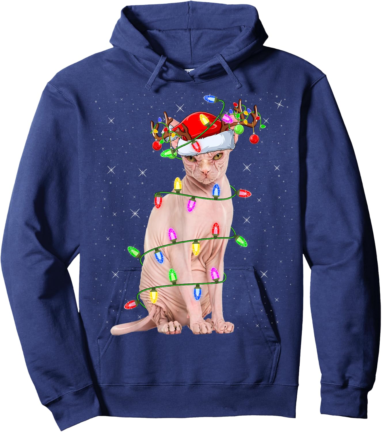 Sphynx Cat Lover Xmas Lighting Santa Sphynx Cat Christmas Hoodie - Hoodie | Navy