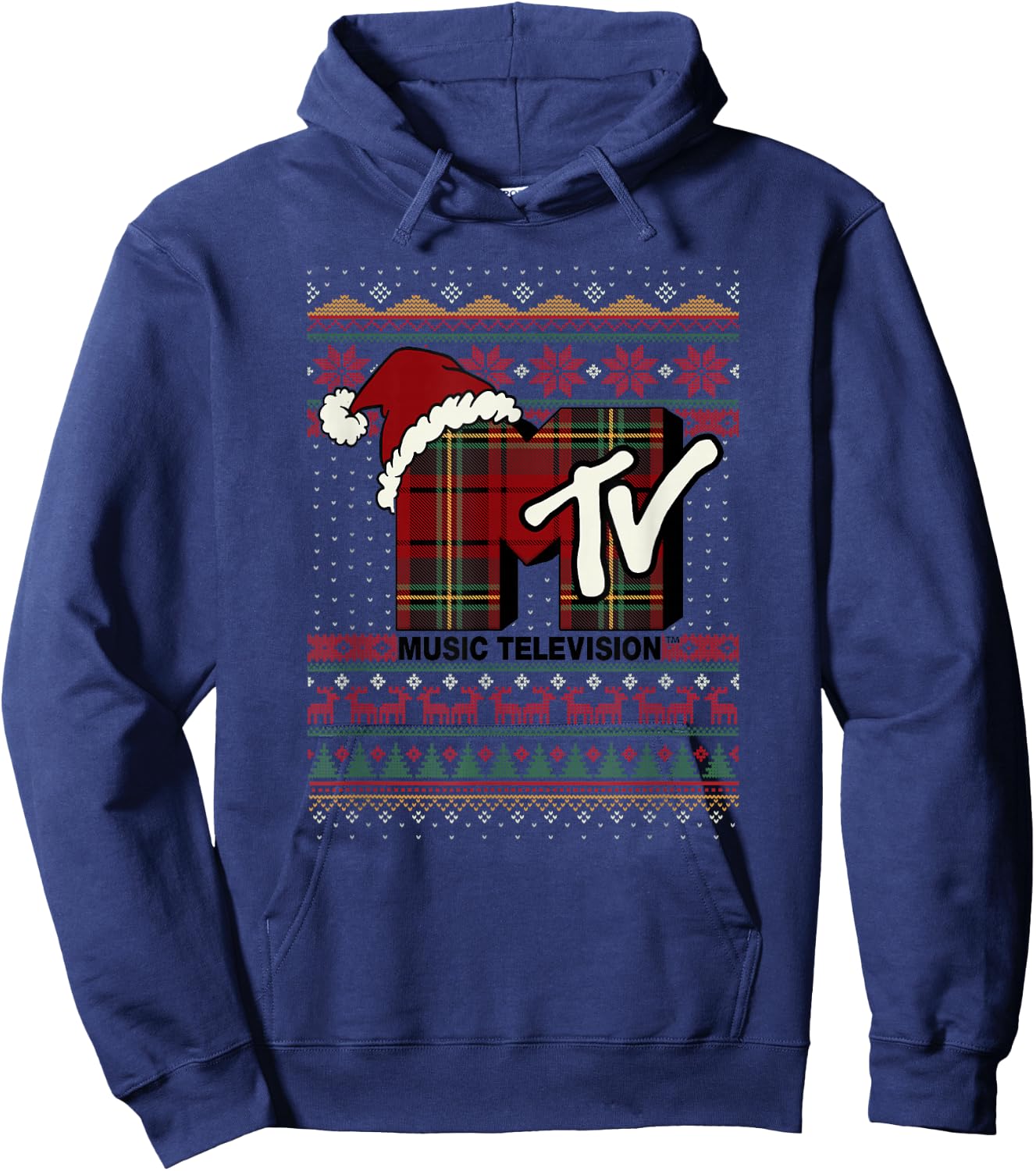 MTV Christmas Plaid Ugly Sweater Logo Hoodie - Hoodie | Navy