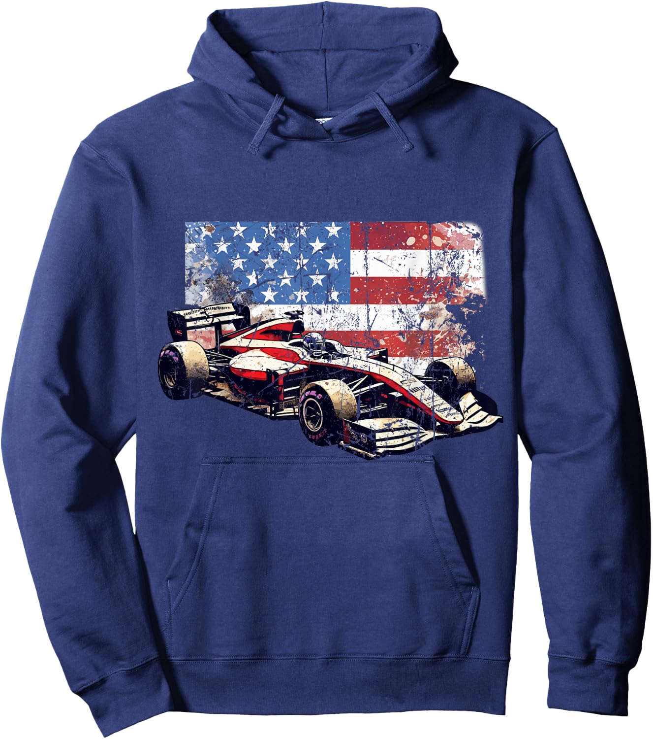 Vintage Auto Racing Car American Flag 4th of July, Auto Race Hoodie - Hoodie | Navy