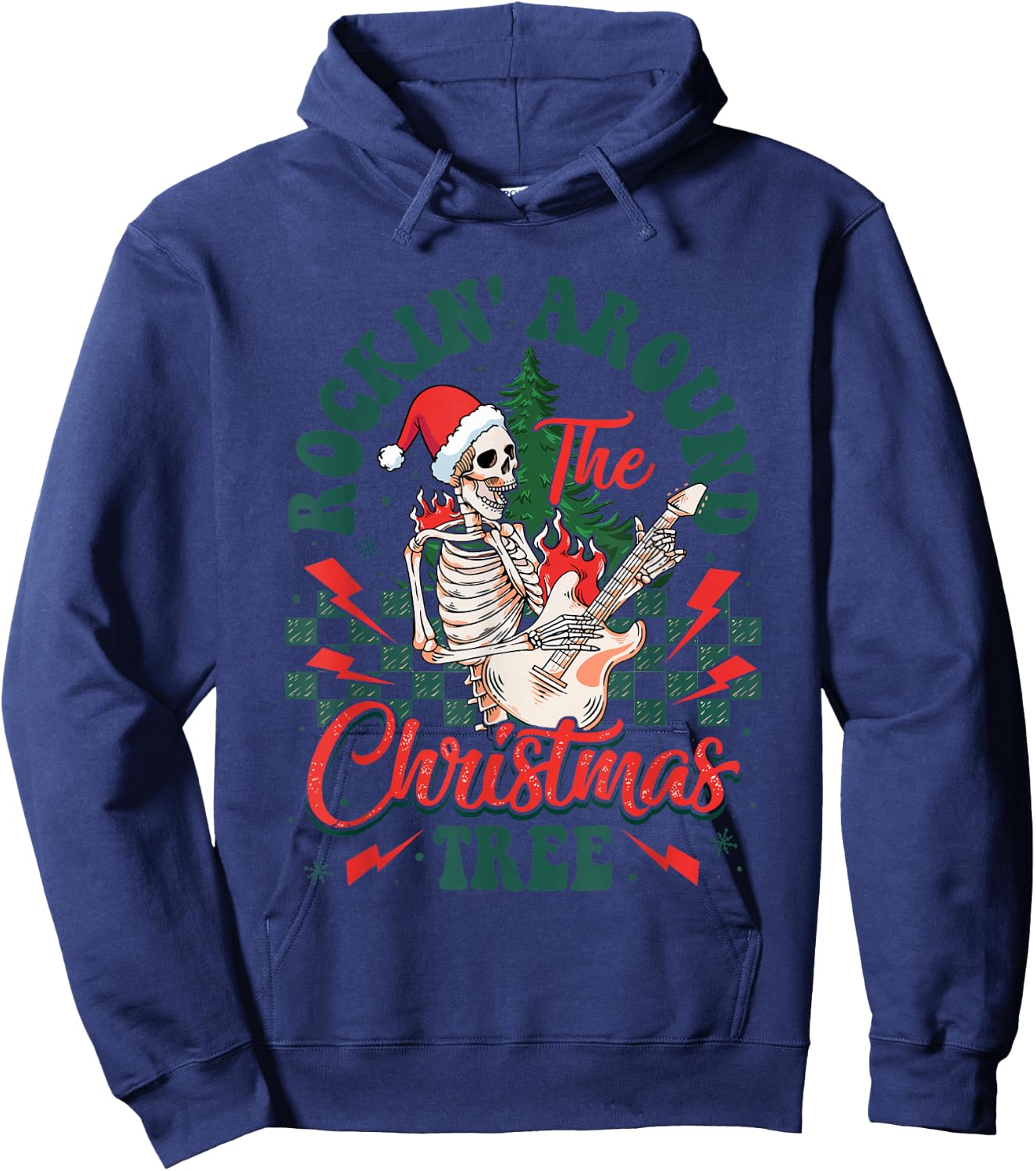Retro Rockin Around The Christmas Tree Skeleton Plays Guitar Hoodie - Hoodie | Navy