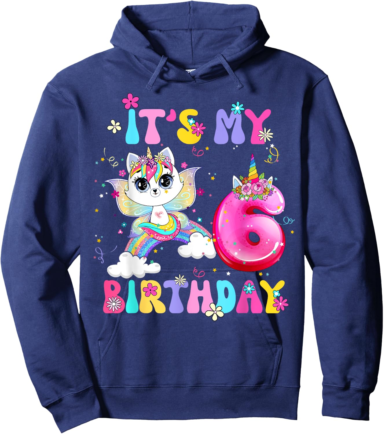 Kids 6th Birthday Cat Unicorn 6 Years Old Rainbow Girl Teens Hoodie - Hoodie | Navy