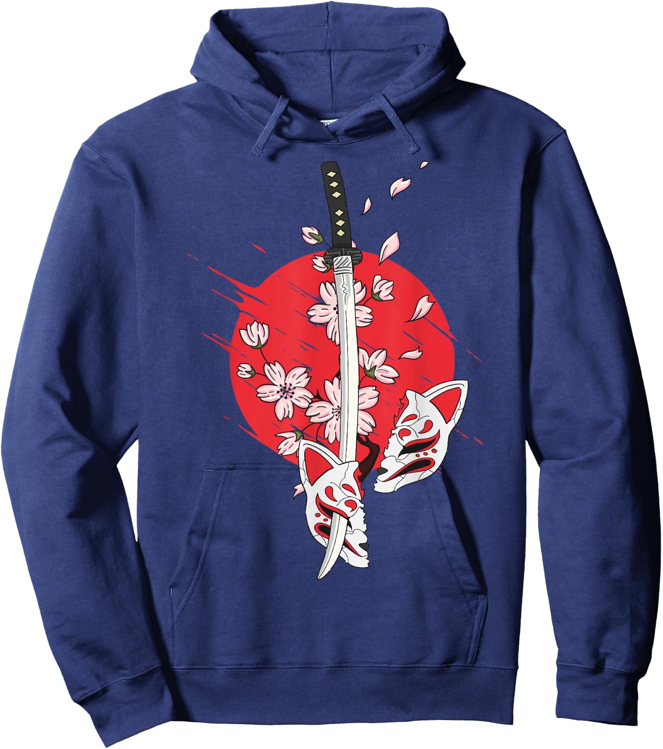 Kitsune Mask Nine-Tailed Cherry Blossom Flowers Katana Hoodie - Hoodie | Navy